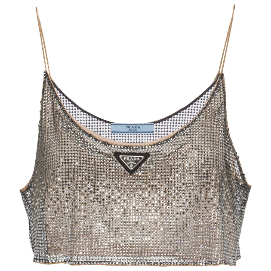Metallic Rhinestone-Embroidered Mesh Top