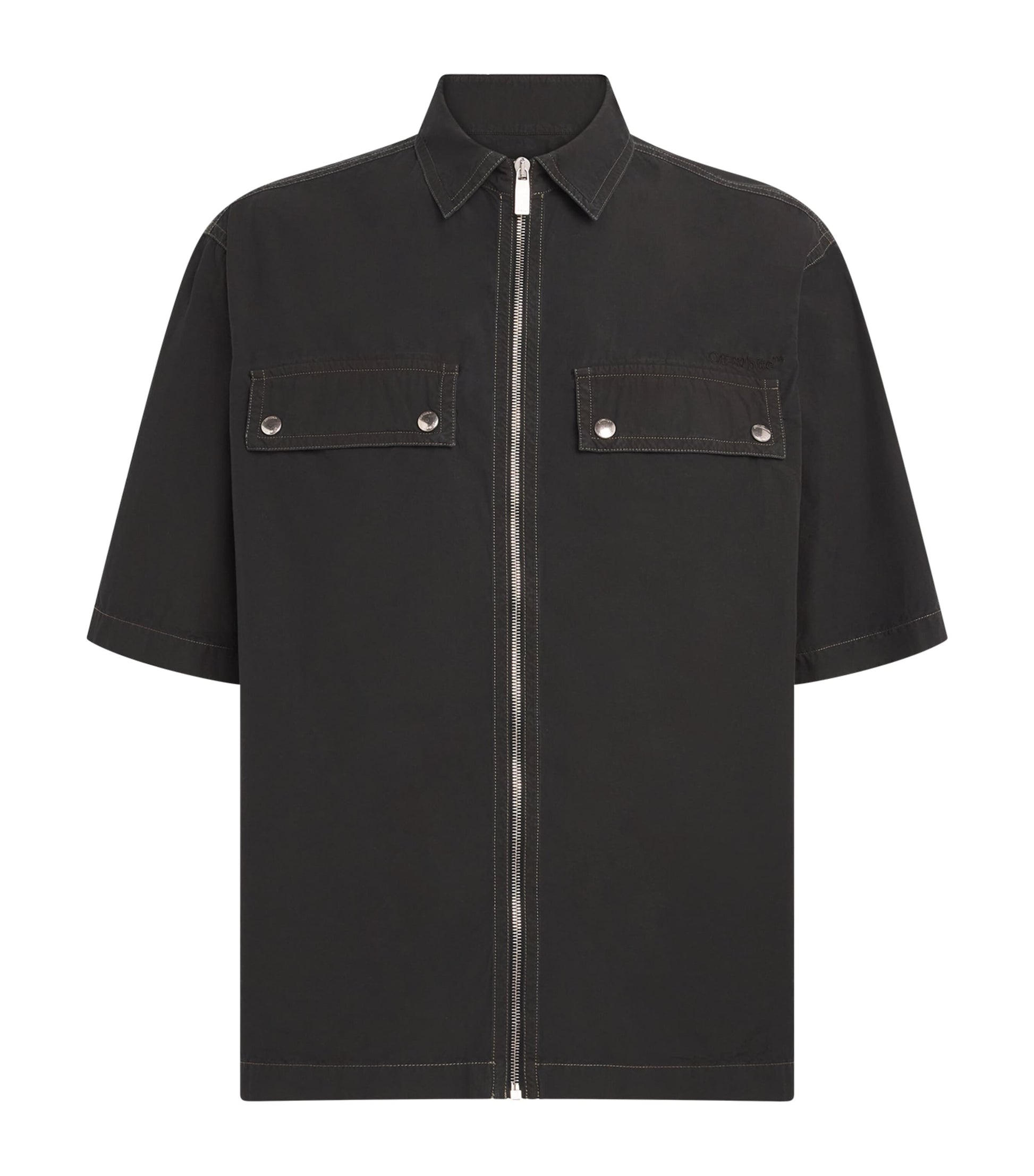 Off-White Cotton Arrow Print Zip-Up Short-Sleeve Shirt