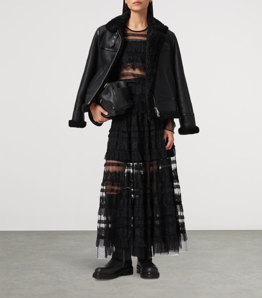 AllSaints Black Shearling Lorel Flying Jacket