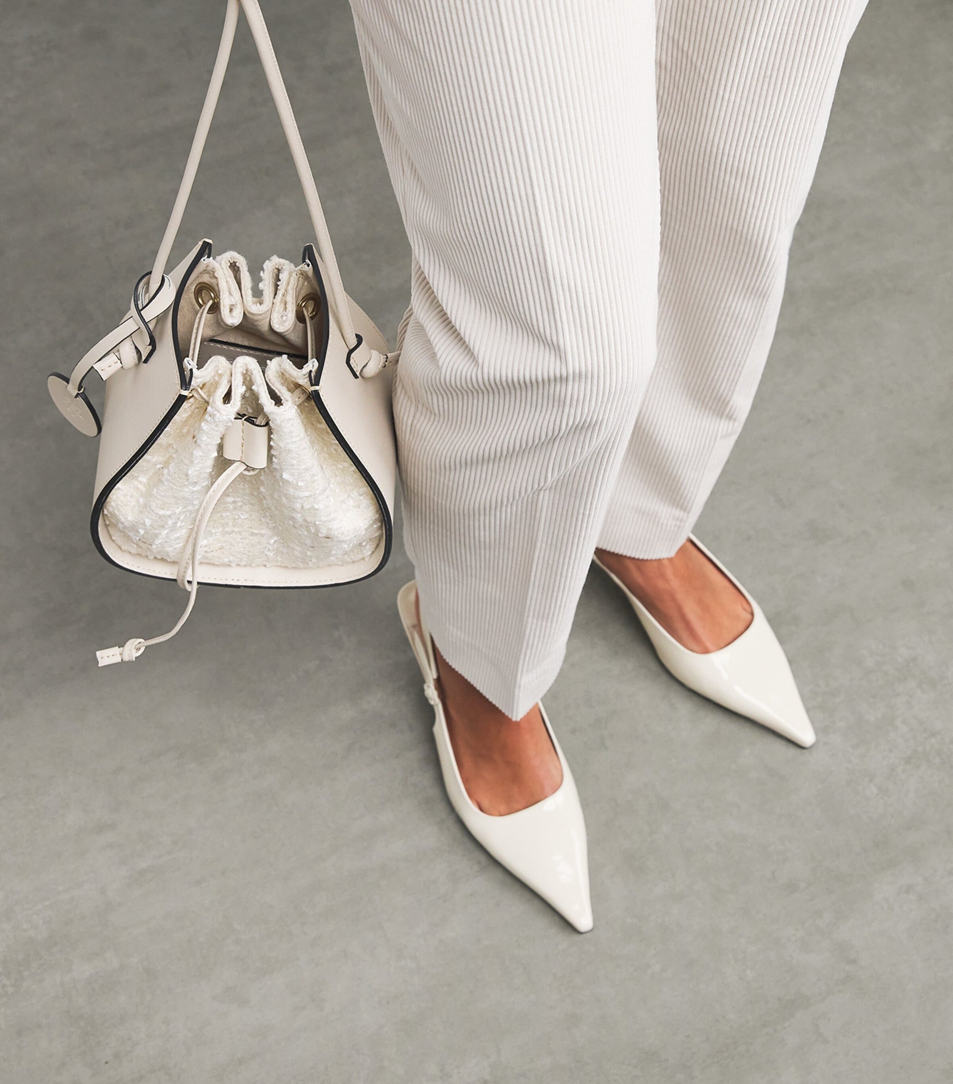 White Leather-Tweed Drawstring Bucket Bag