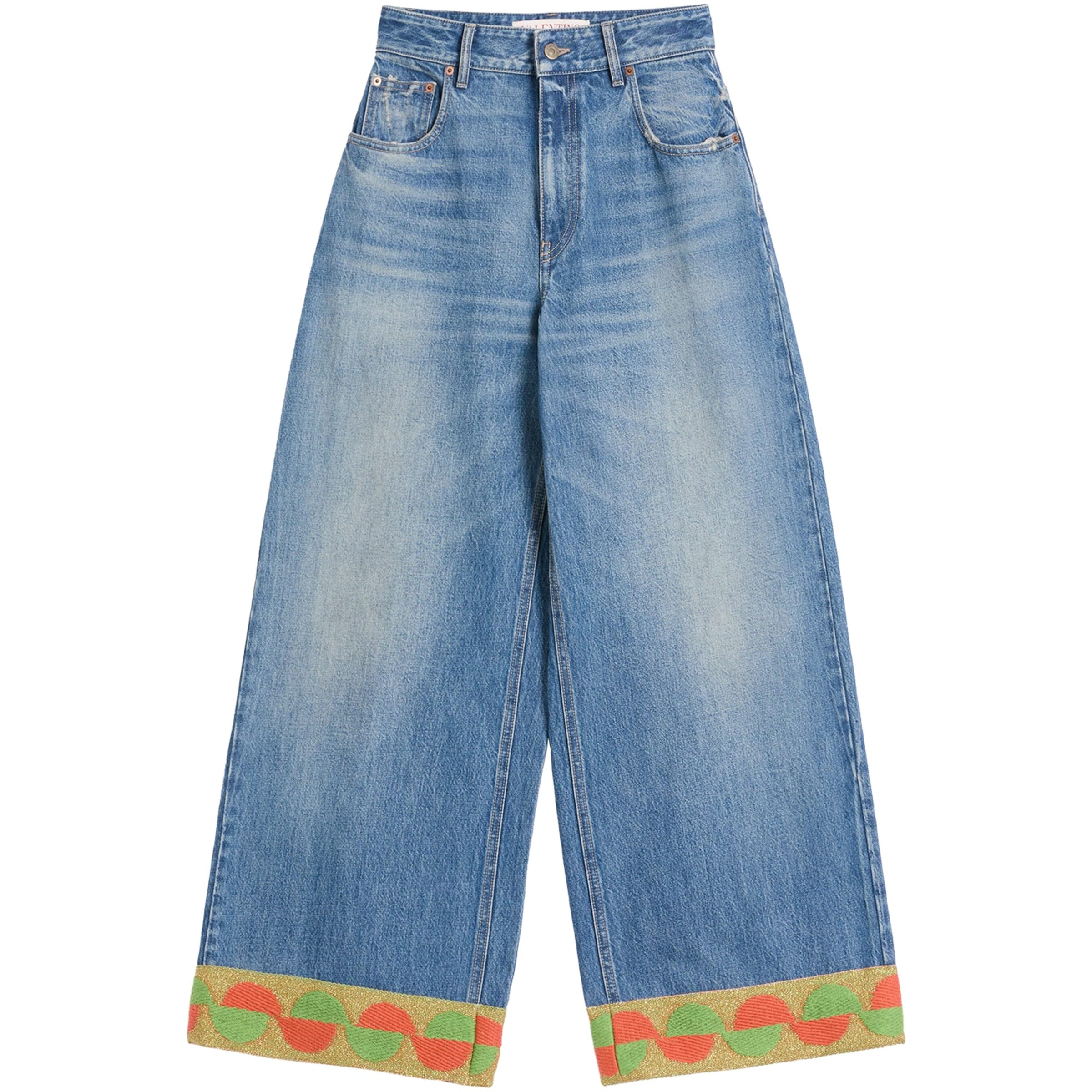 Valentino Blue Decorated-Trim Wide-Leg Jeans