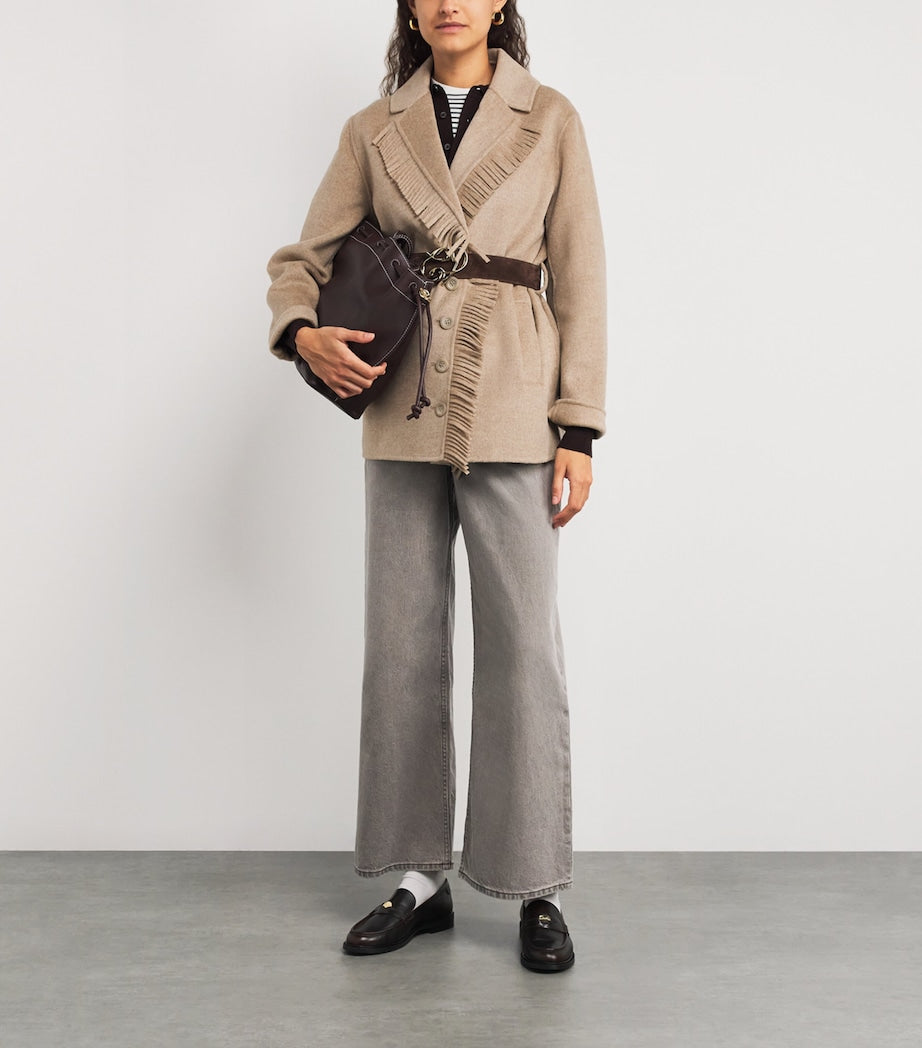 Claudie Pierlot White Wool-Blend Fringe Jacket