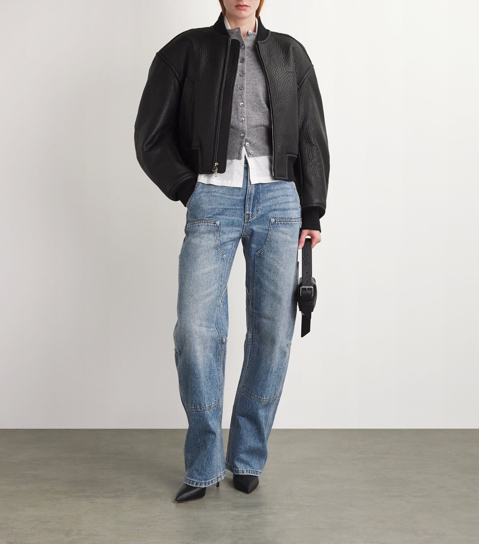 Alexander Wang Black Lambskin Cropped Bomber Jacket