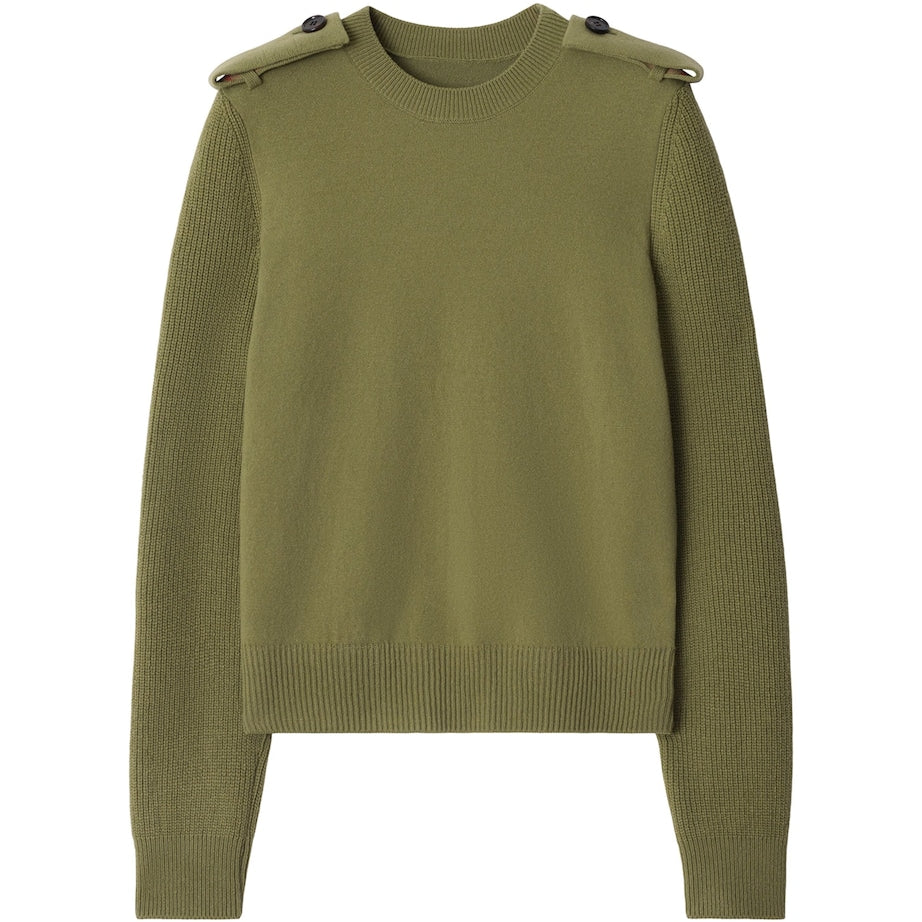 Burberry Green Wool-Cashmere-Blend Epaulette Sweater