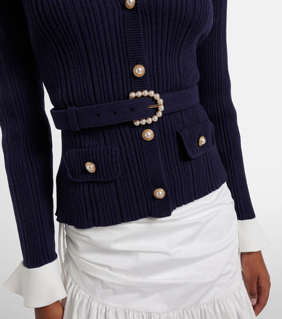 Self-Portrait - Belted ribbed-knit cardigan