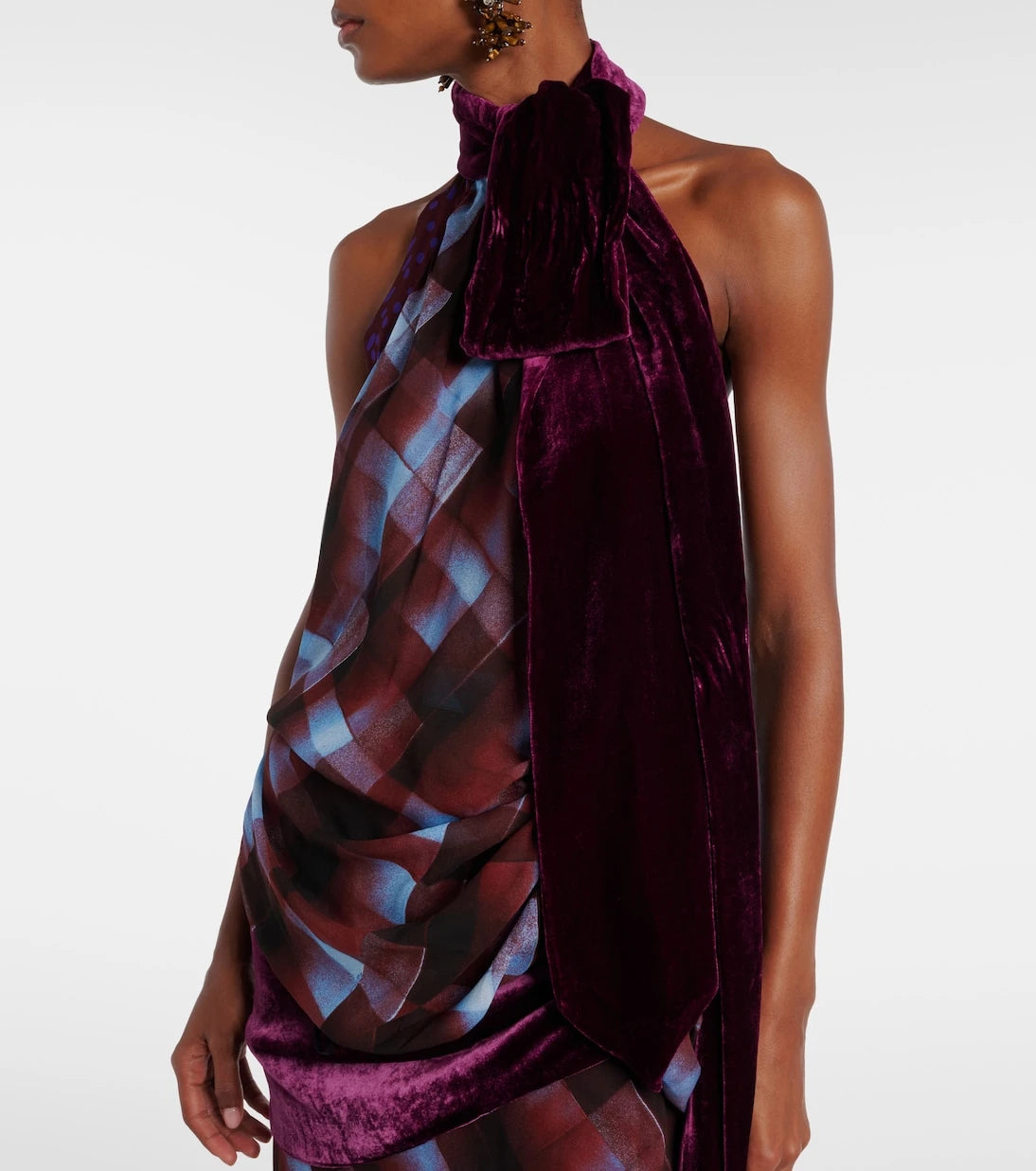 Dries Van Noten - توب بياقة هالتر وتفاصيل وشاح كاروهات