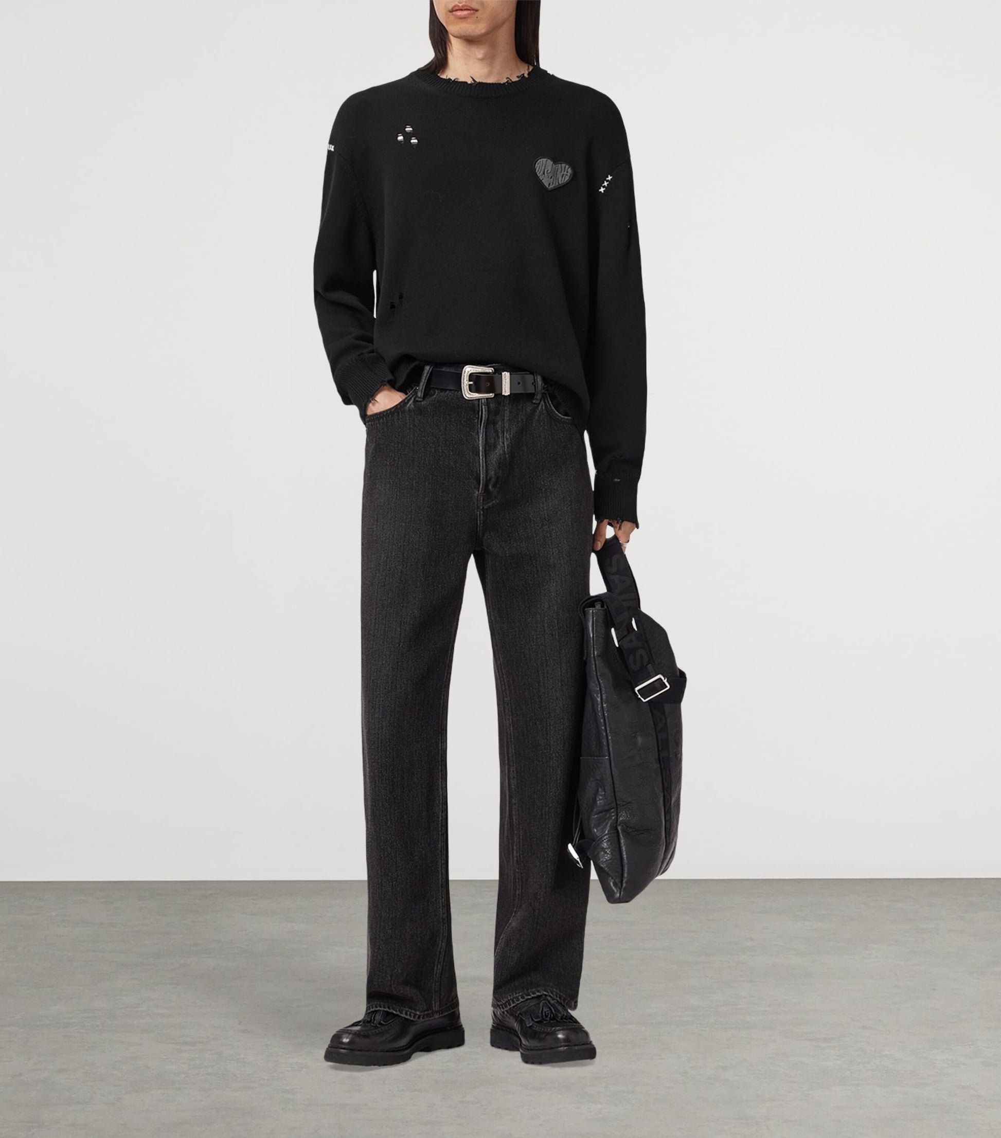 Black Cotton Distressed Theo Sweater