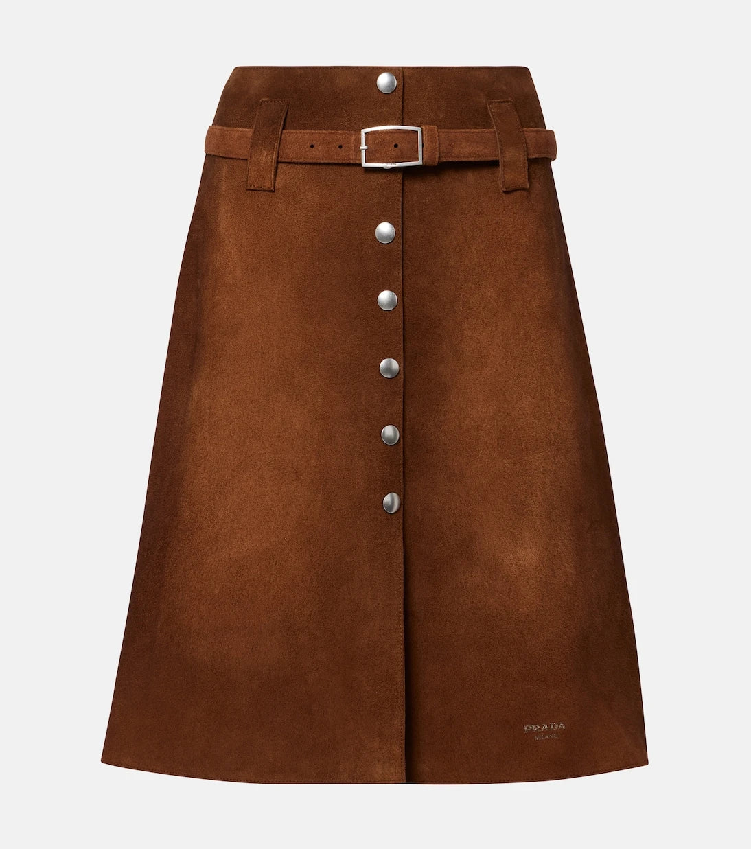 Prada - Belted suede midi skirt