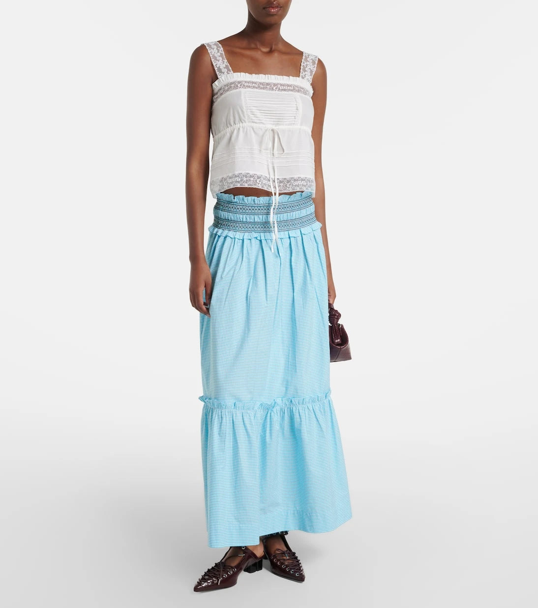 Ganni - Embroidered gingham cotton poplin maxi skirt