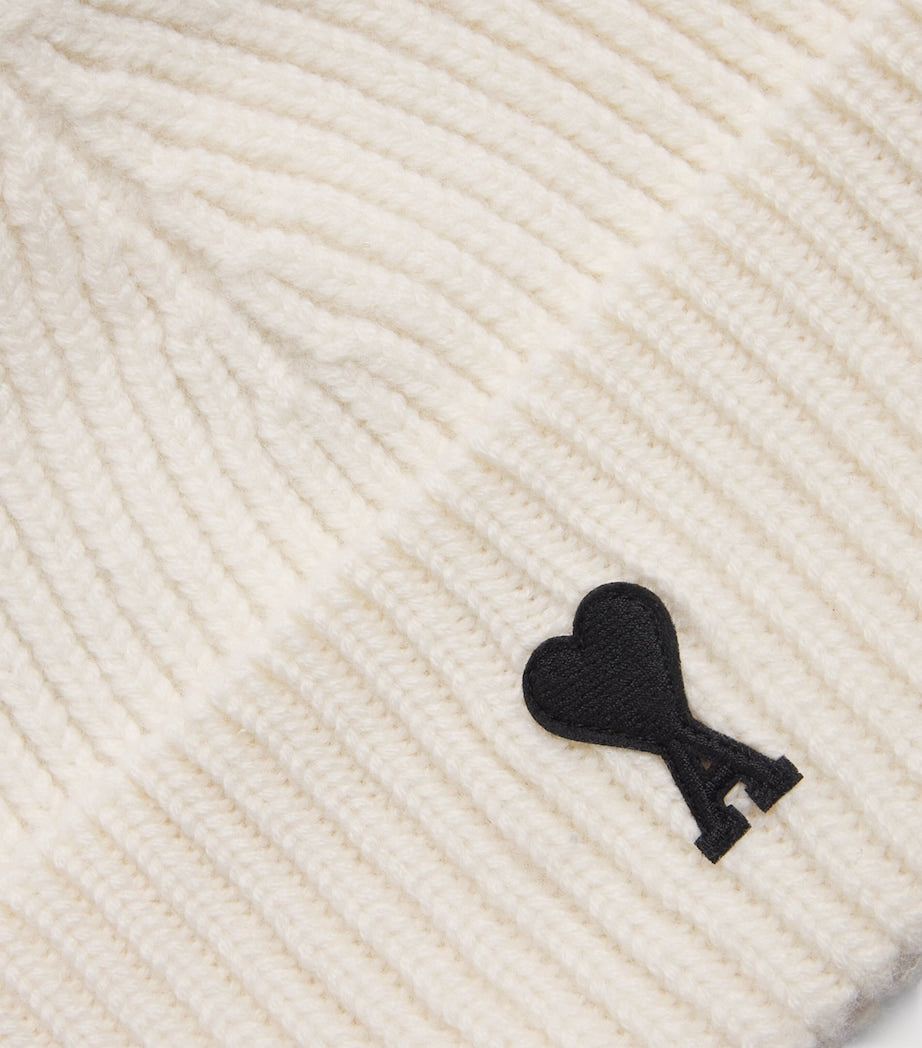 AMI Paris Beige Merino Wool Logo Beanie