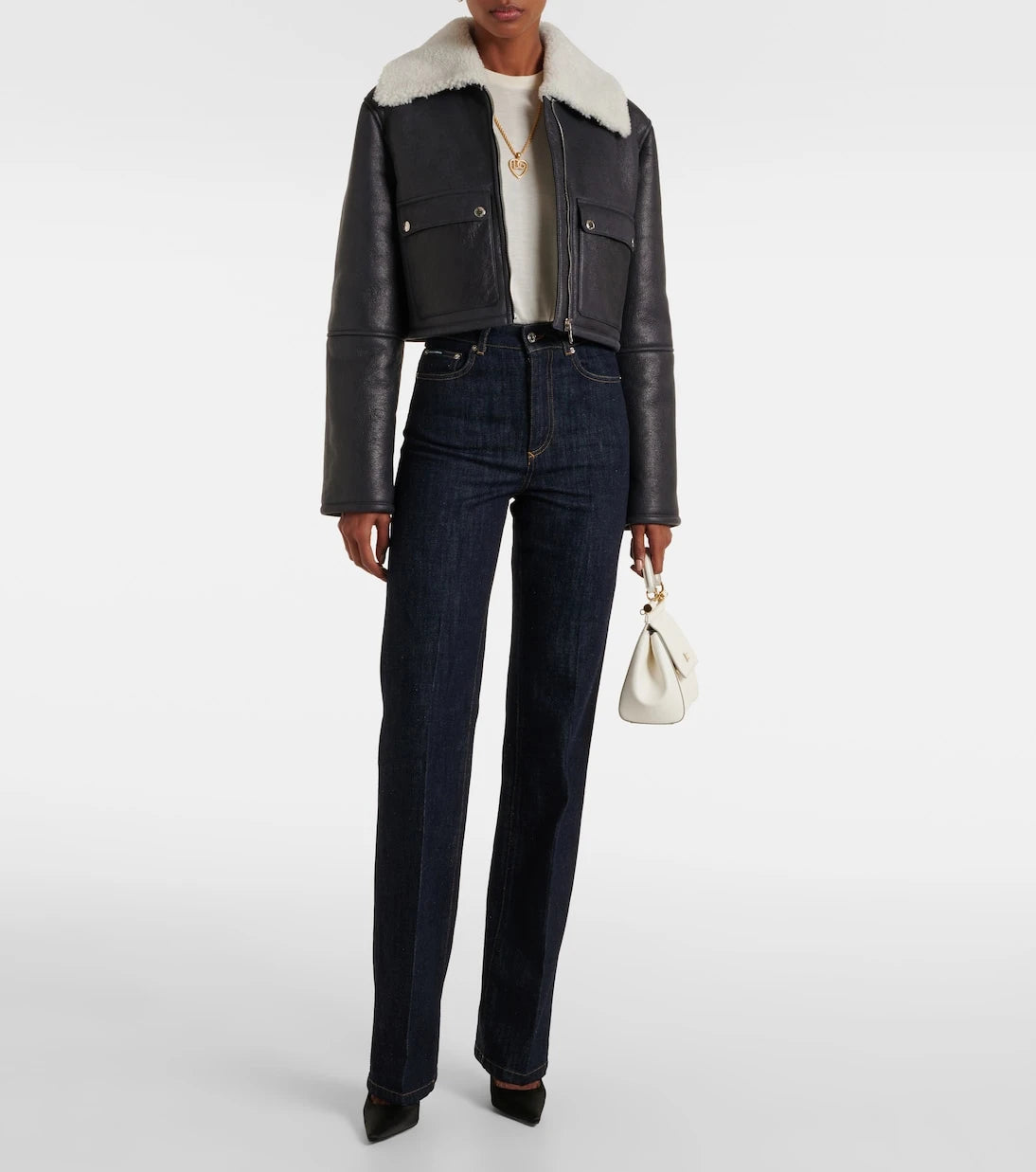 Dolce&Gabbana - Shearling-trimmed cropped leather jacket