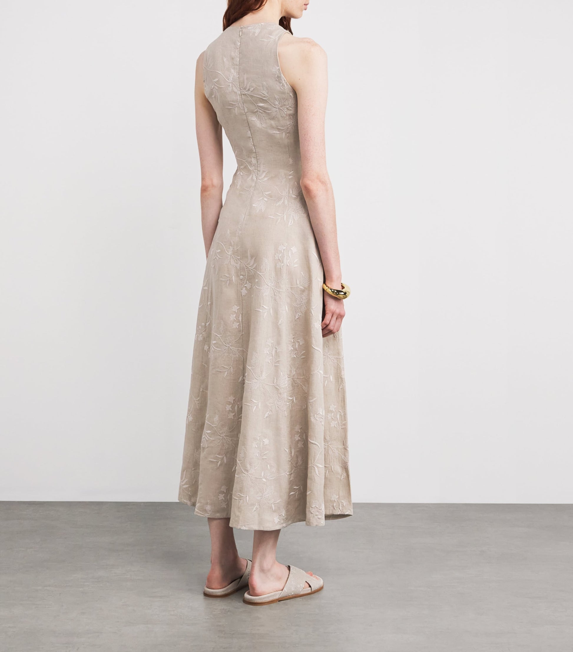 Eleventy Beige x Harrods Linen Floral-Embroidered Dress