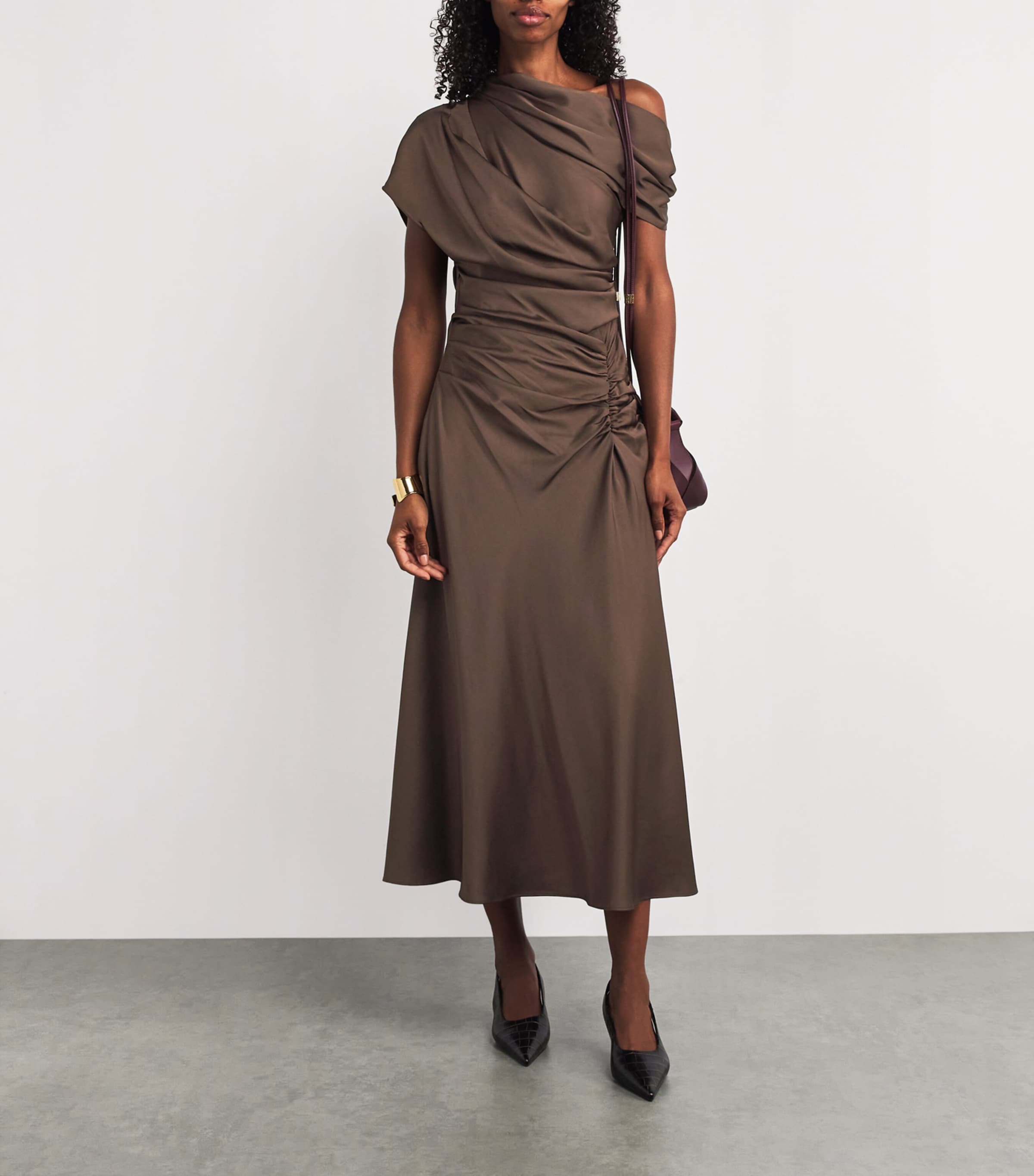 Simkhai Brown Satin Asymmetric Joanna Midi Dress