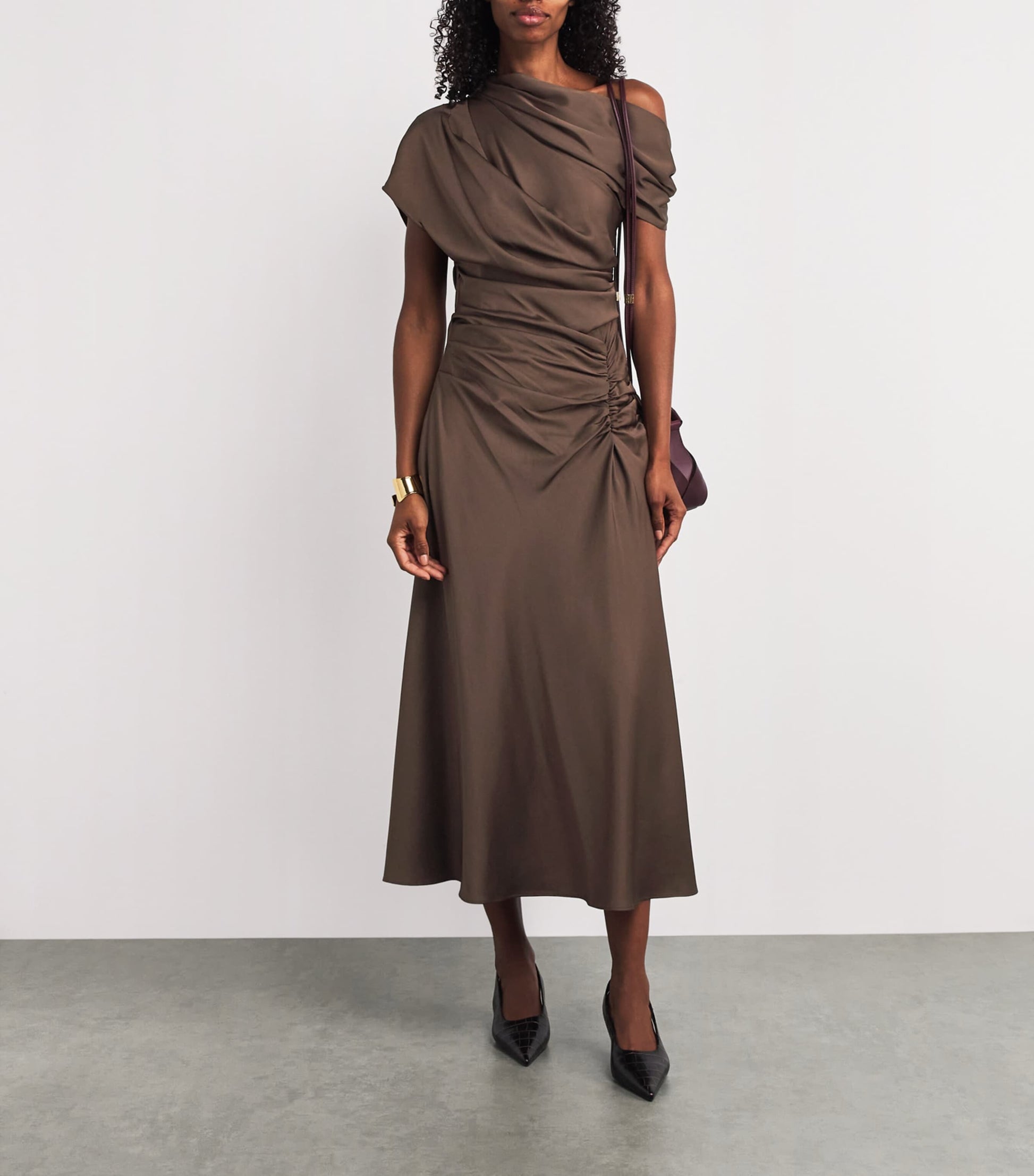 Simkhai Brown Satin Asymmetric Joanna Midi Dress