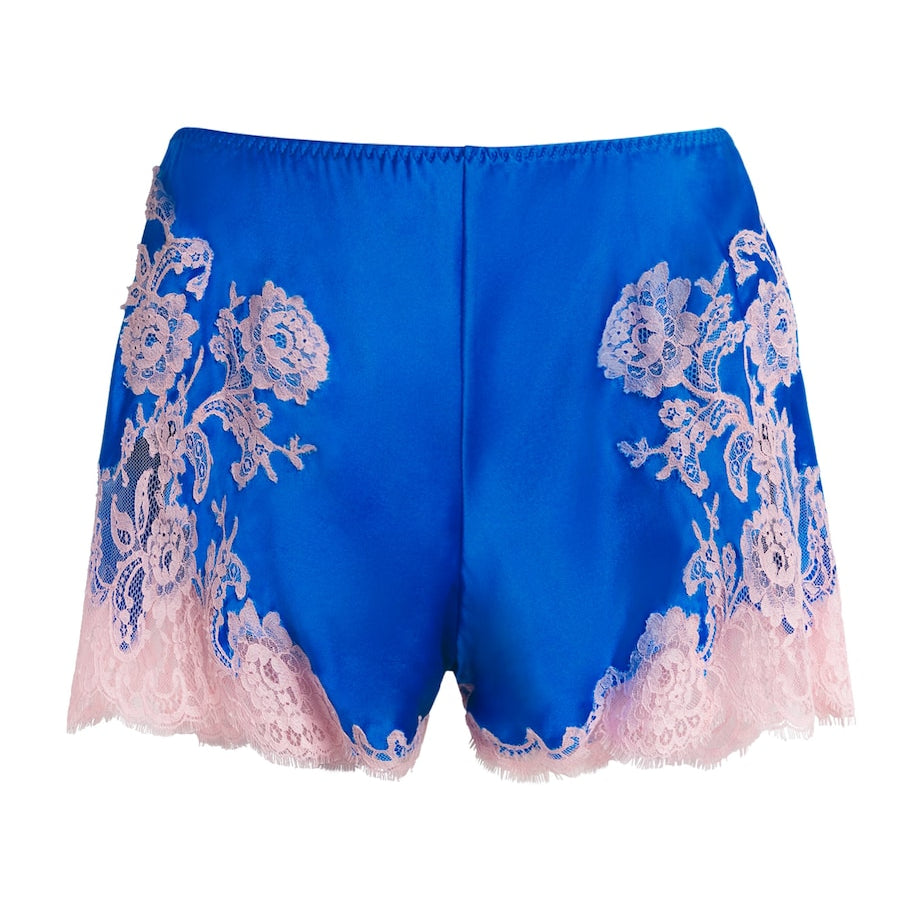Marjolaine Blue Silk Lace-Trim Bénédicte Pyjama Shorts