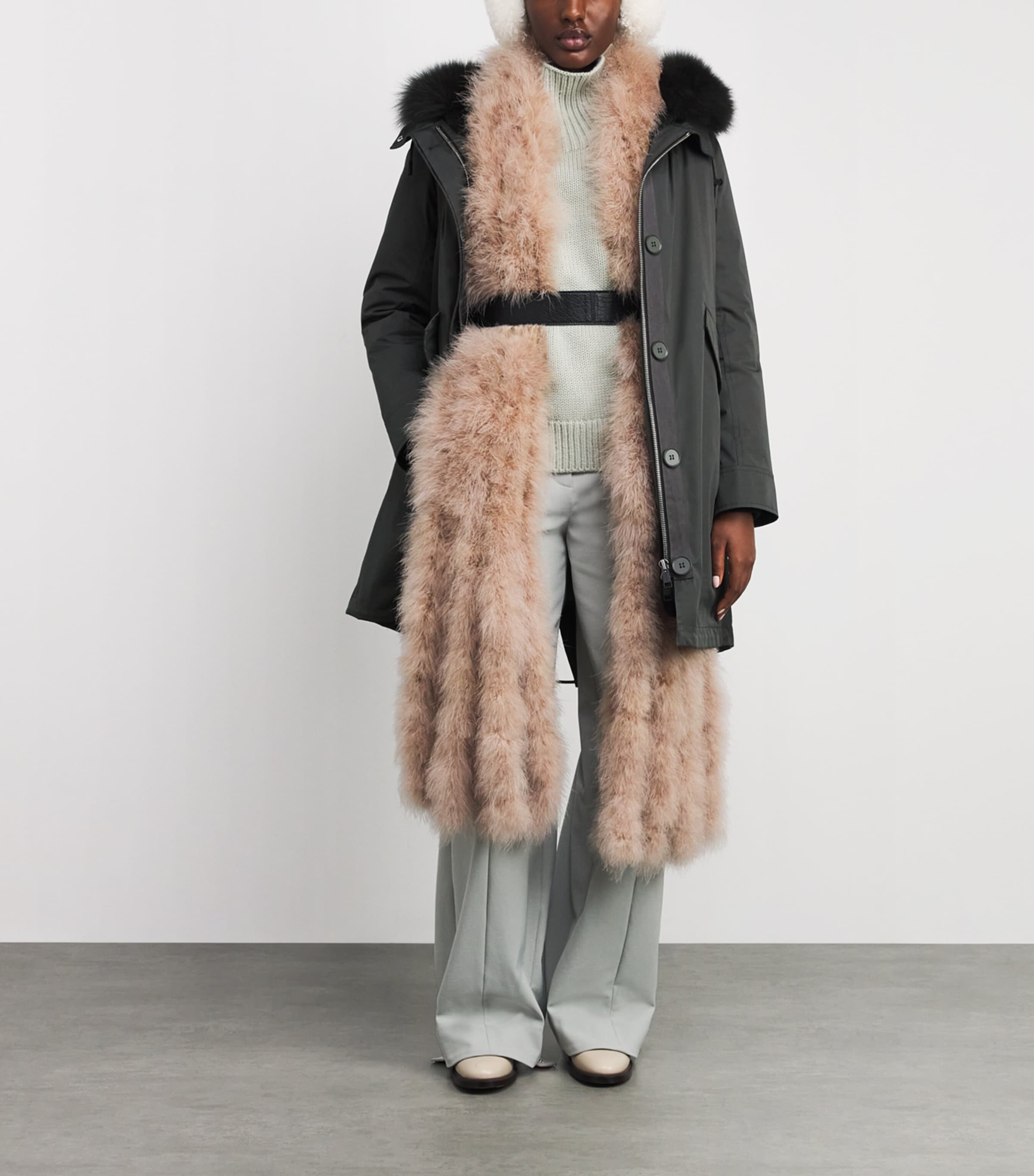 Yves Salomon Beige Fox-Rabbit Blended-Cotton Parka (72cm)