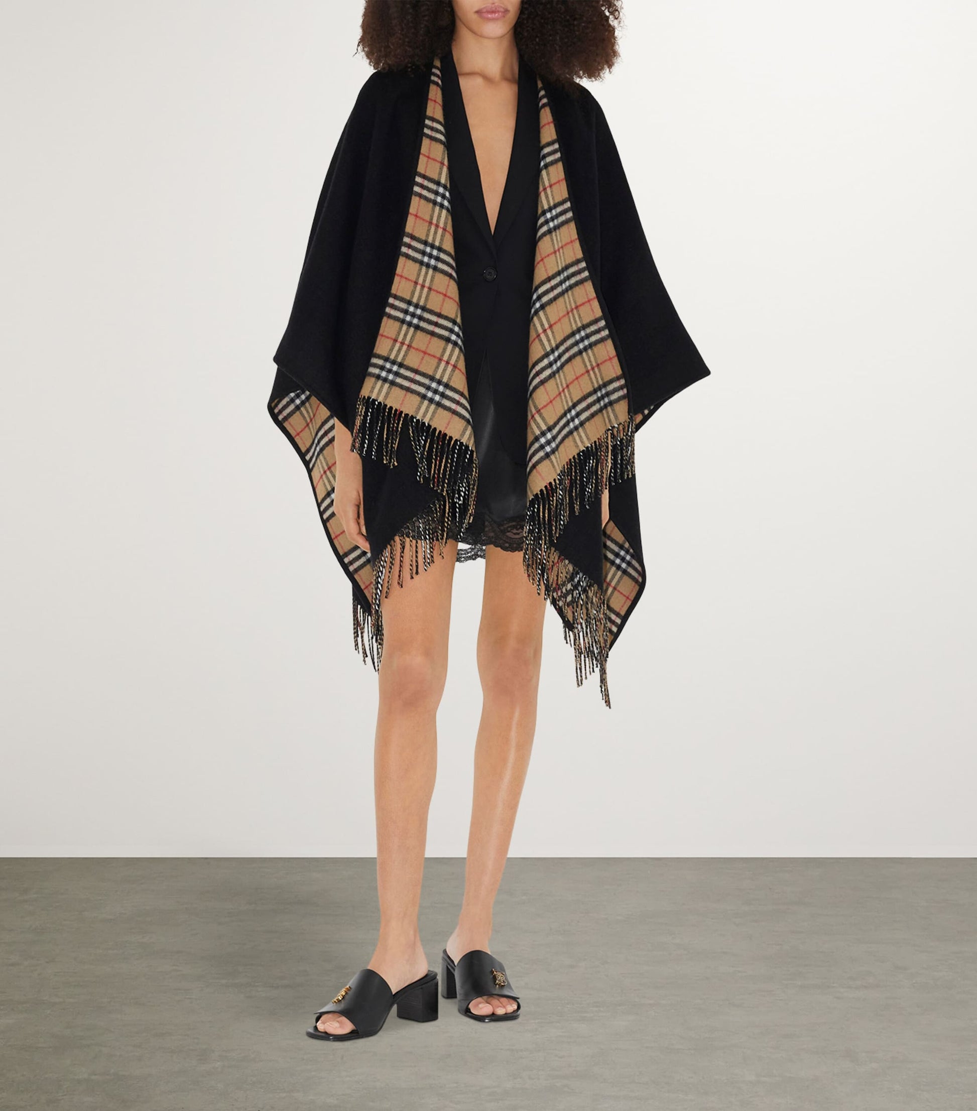 Black Wool Reversible Check Cape