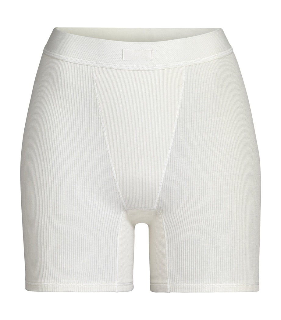 Skims Ivory Cotton-Blend Ribbed Boxer Shorts