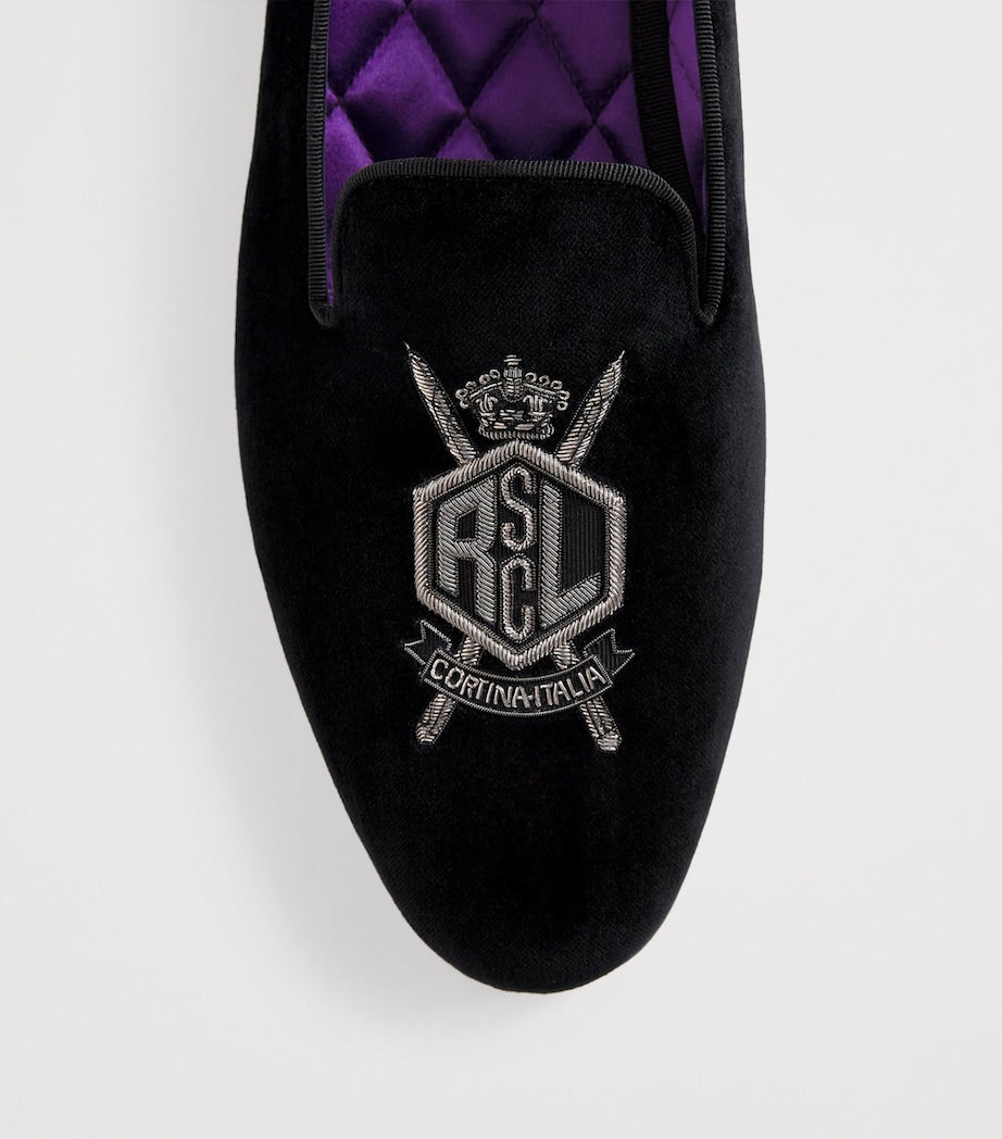 Velvet Crest-Embellished Slippers