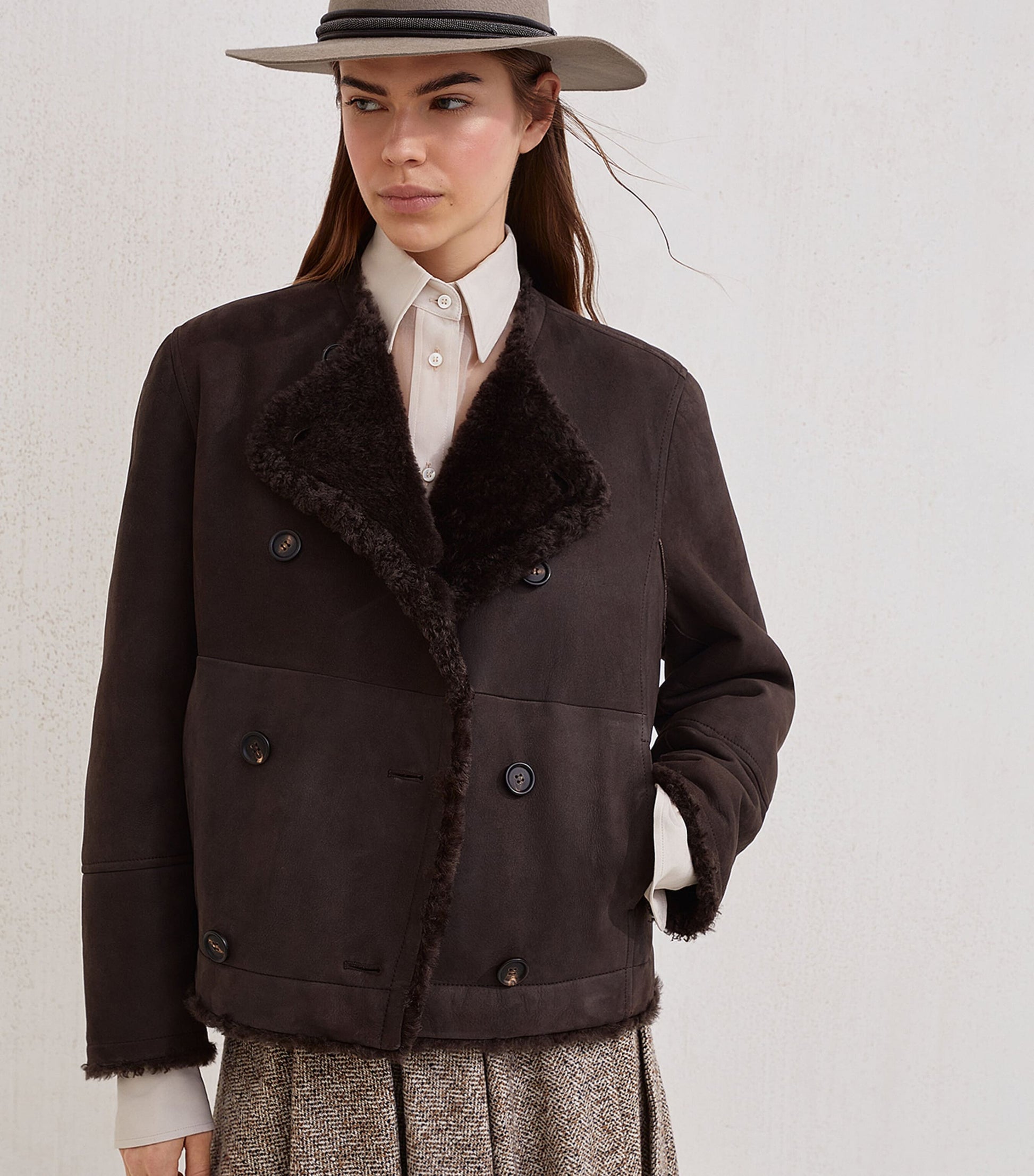 Brunello Cucinelli Brown Shearling-Leather Reversible Pea Coat