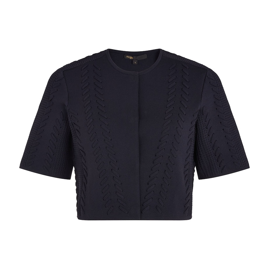 Maje Blue Pointelle Knit Lace Cropped Cardigan