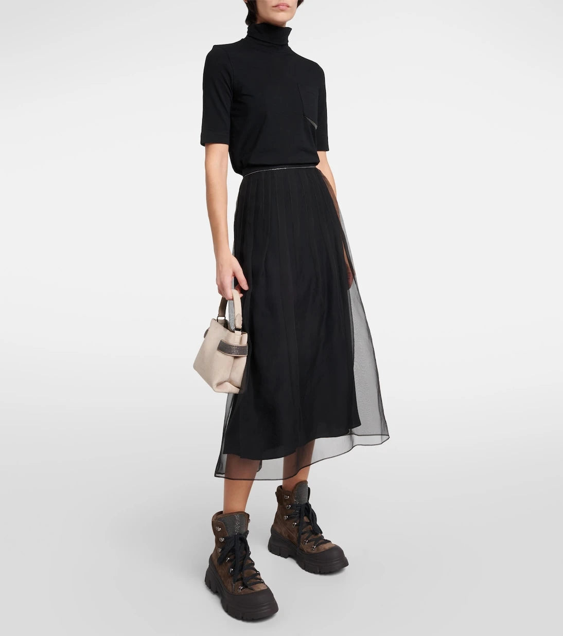 Brunello Cucinelli - Embellished pleated silk midi skirt
