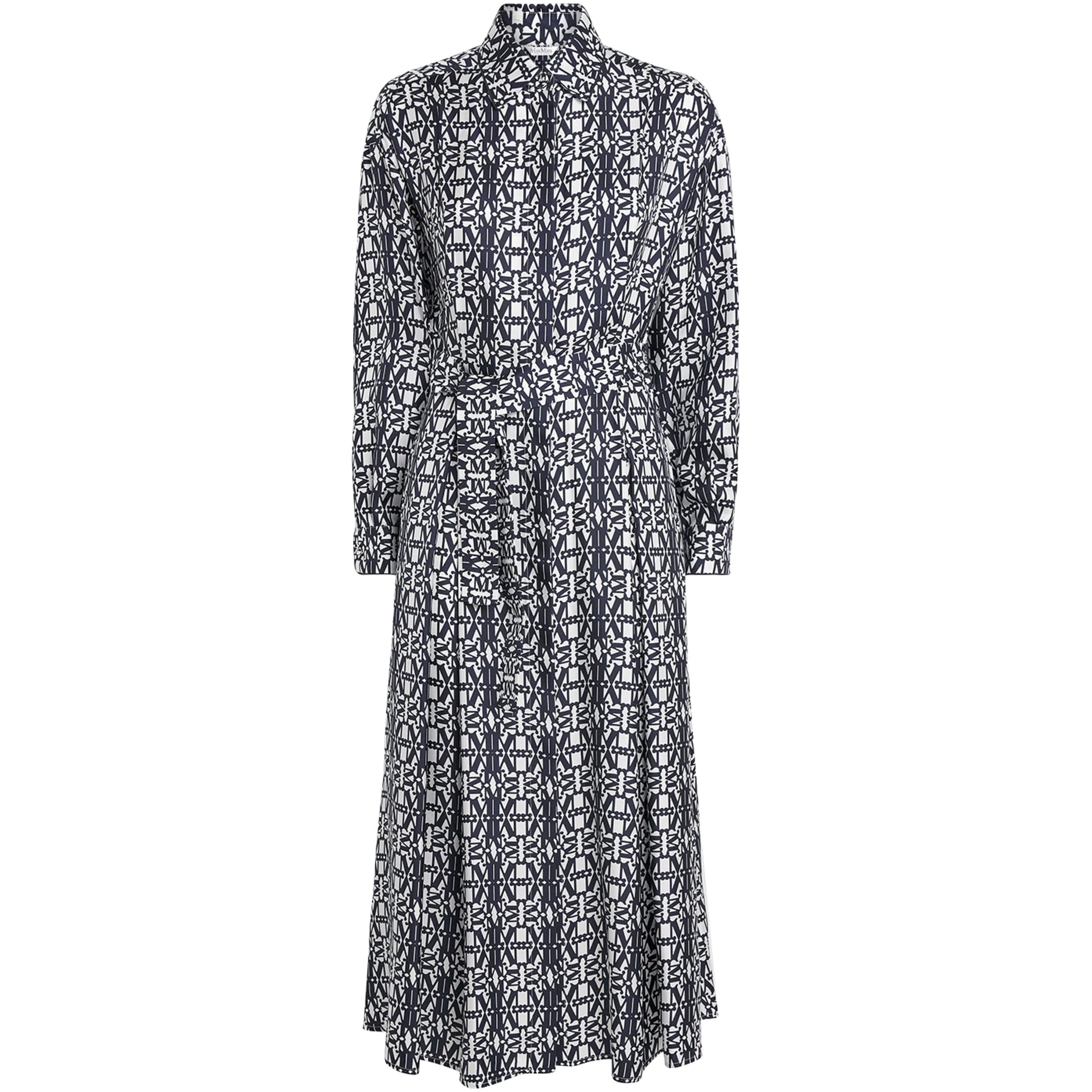 Blue Silk Monogram Midi Shirt Dress