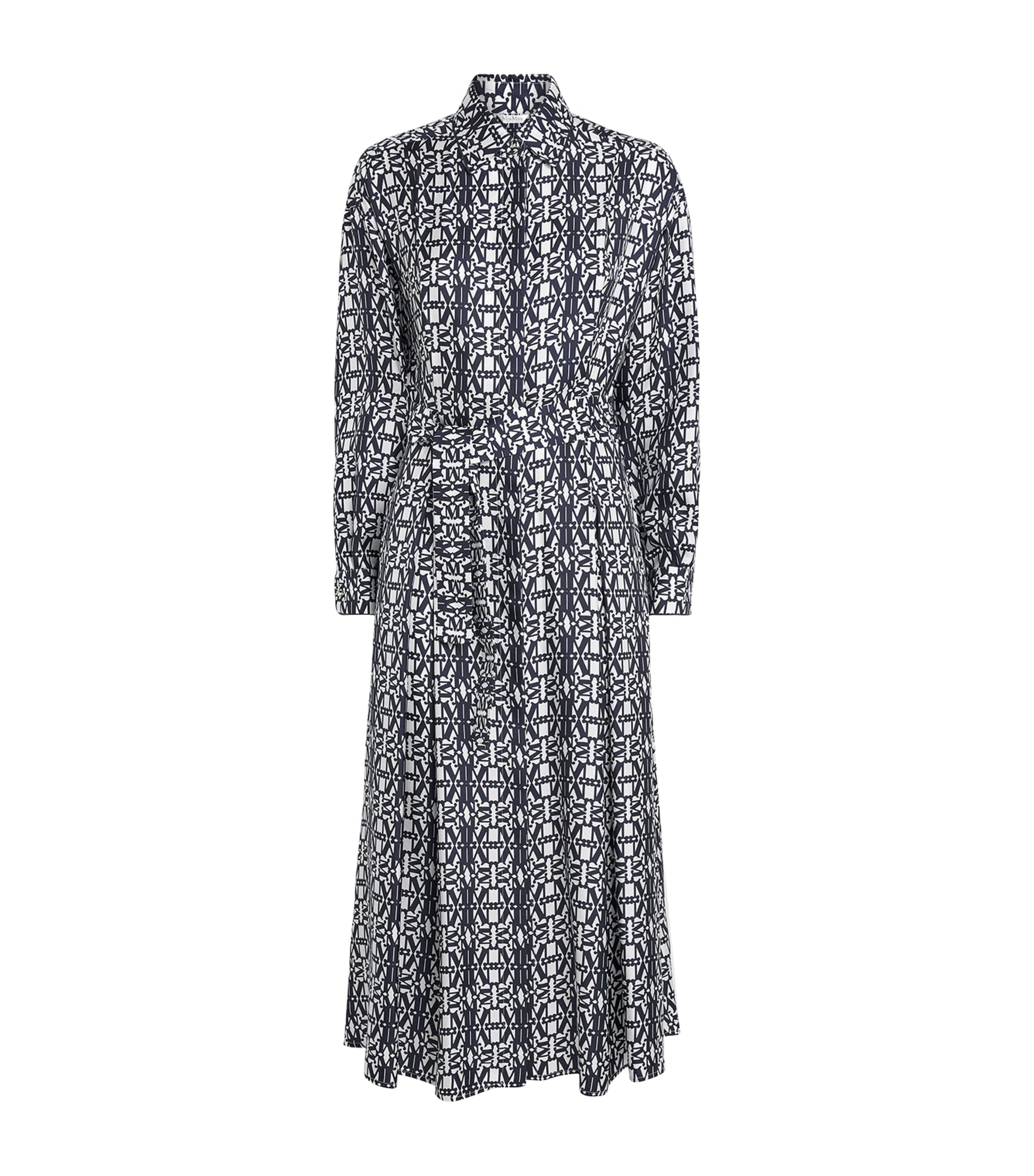 Blue Silk Monogram Midi Shirt Dress