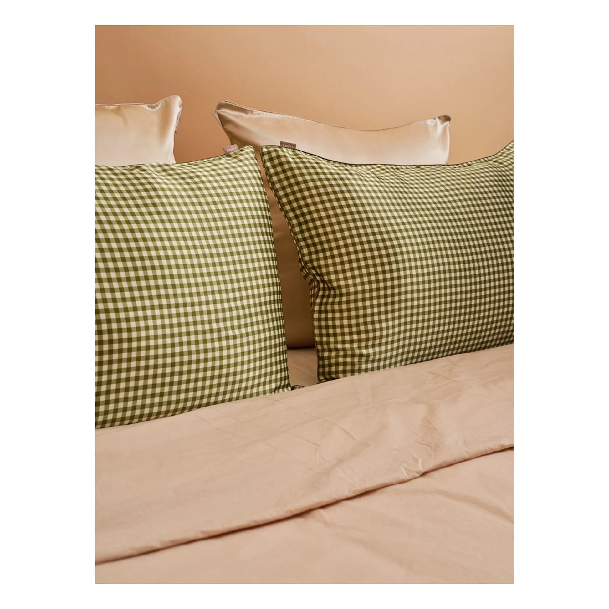 Emily's Pillow - Gingham printed mulberry silk pillowcase   | Khaki