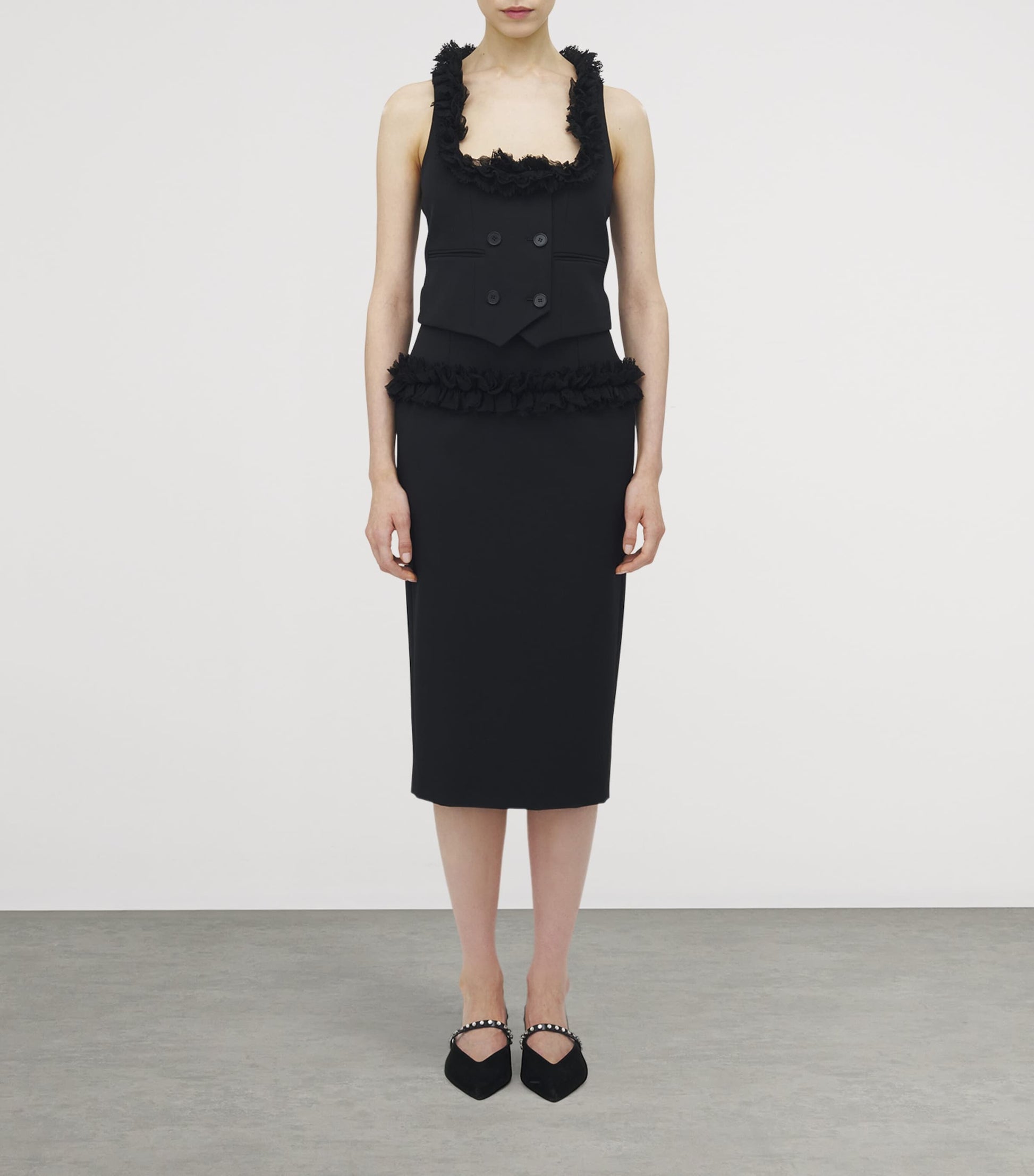 McQueen Black Wool Ruffle Midi Pencil Skirt