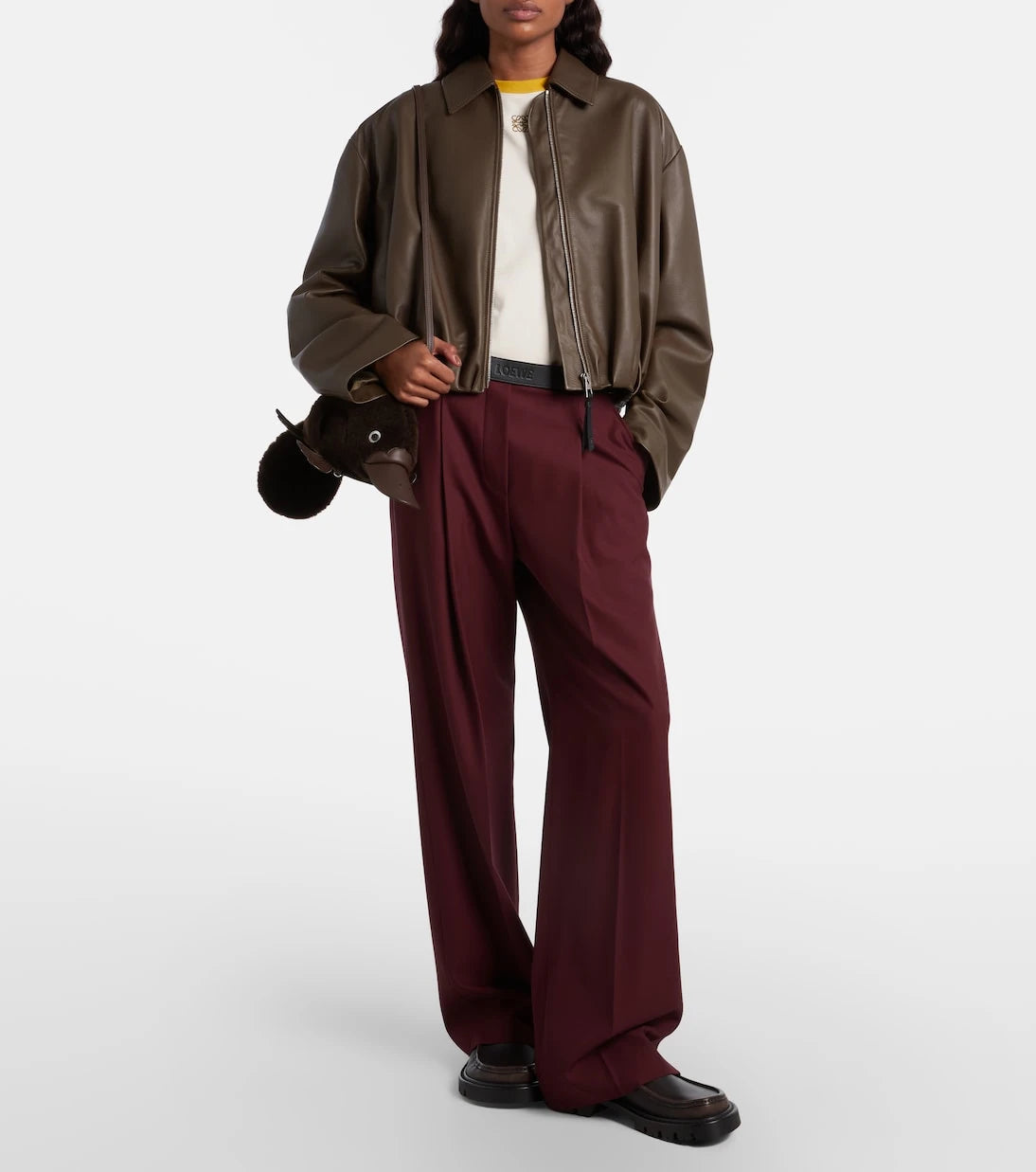 Loewe - Leather-trimmed wool wide-leg pants