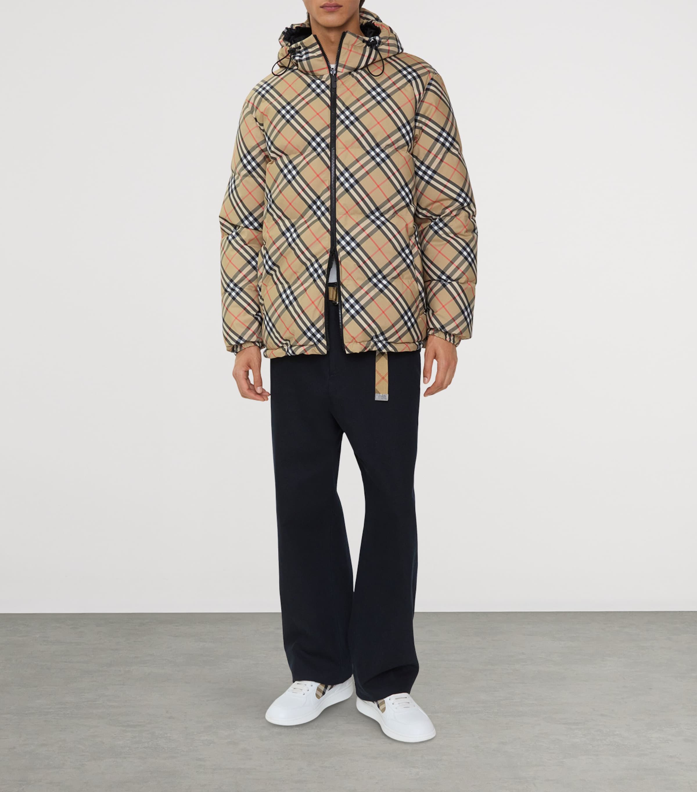 Beige Down Reversible Check Puffer Jacket