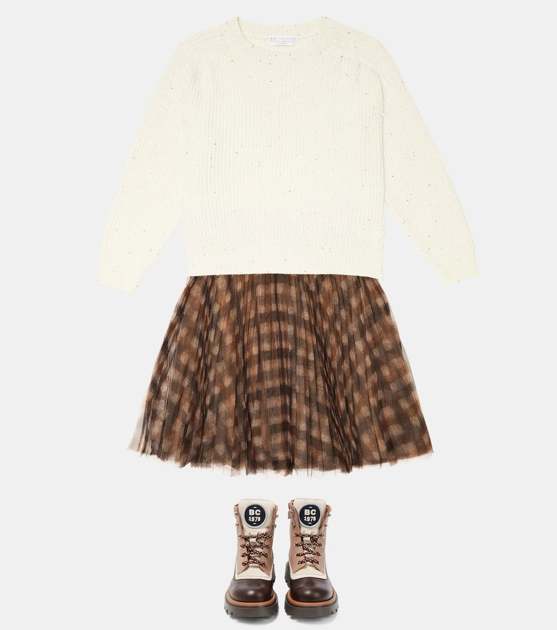 Brunello Cucinelli Kids - تنورة التُلّيه المنقوشة والمنسدلة بكِسرات