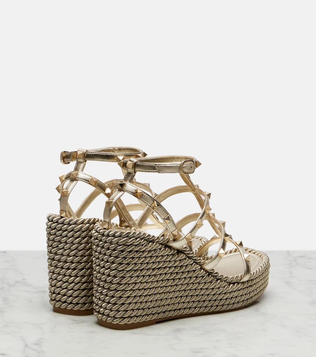 Valentino Garavani - Rockstud Torchon leather wedge espadrilles