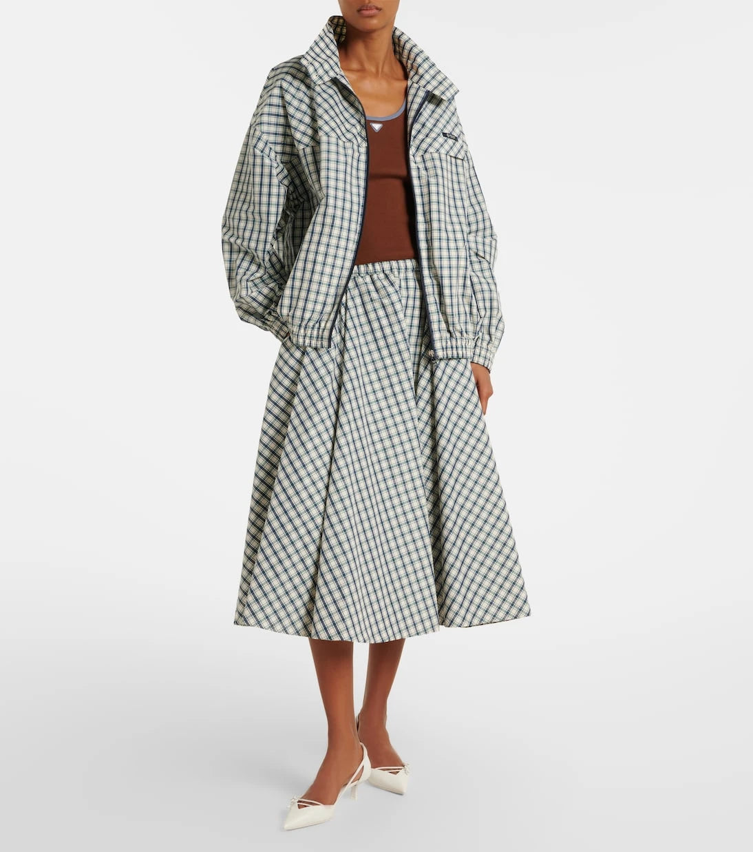 Prada - Checked cotton-blend chambray midi skirt