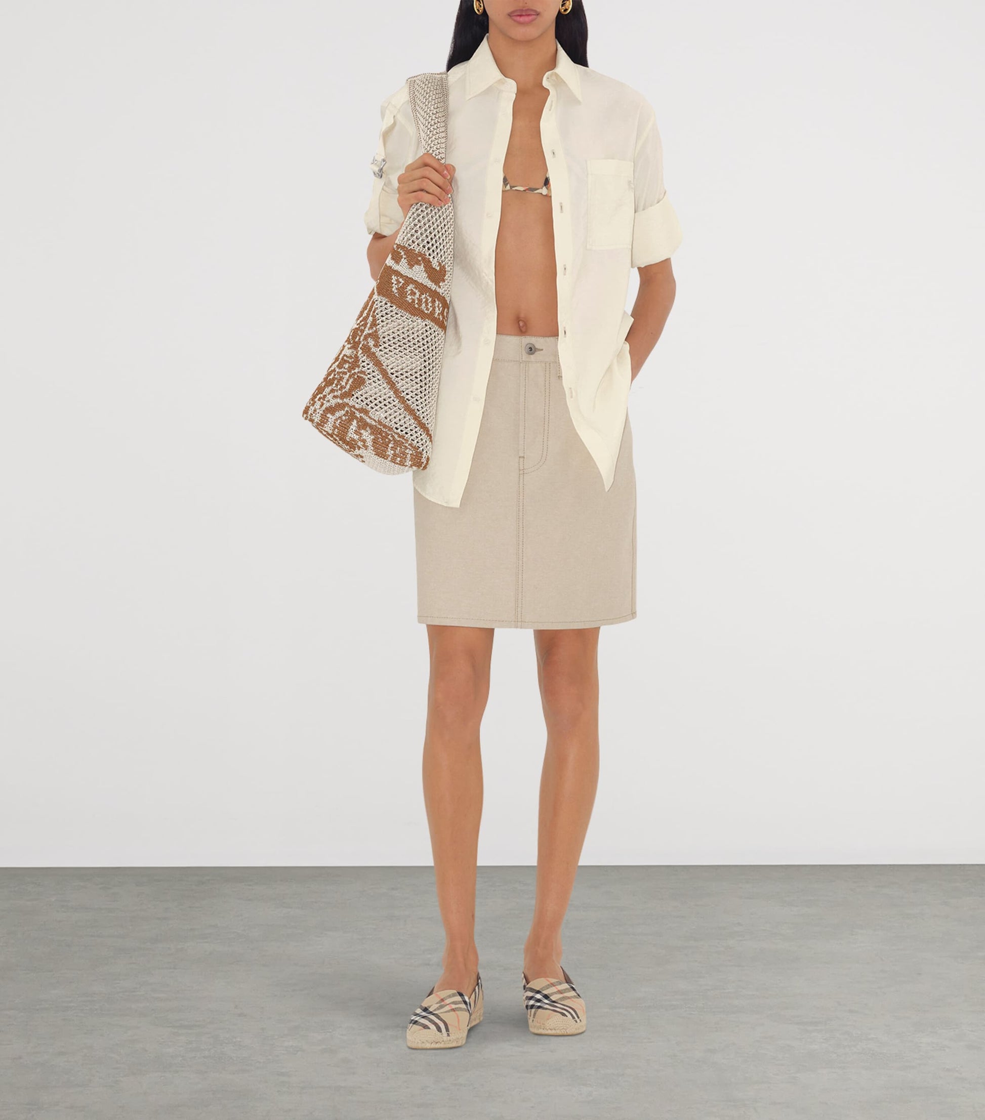 Beige Linen-Blend Check Espadrilles