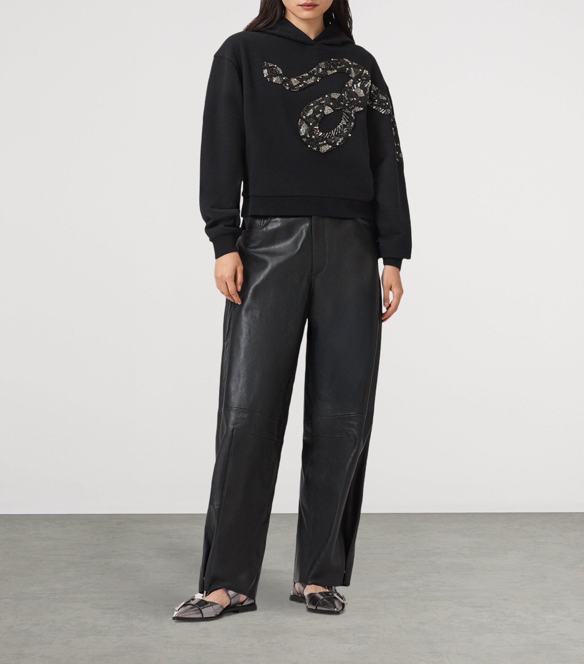 AllSaints Black Cotton Embellished Pippa Hoodie