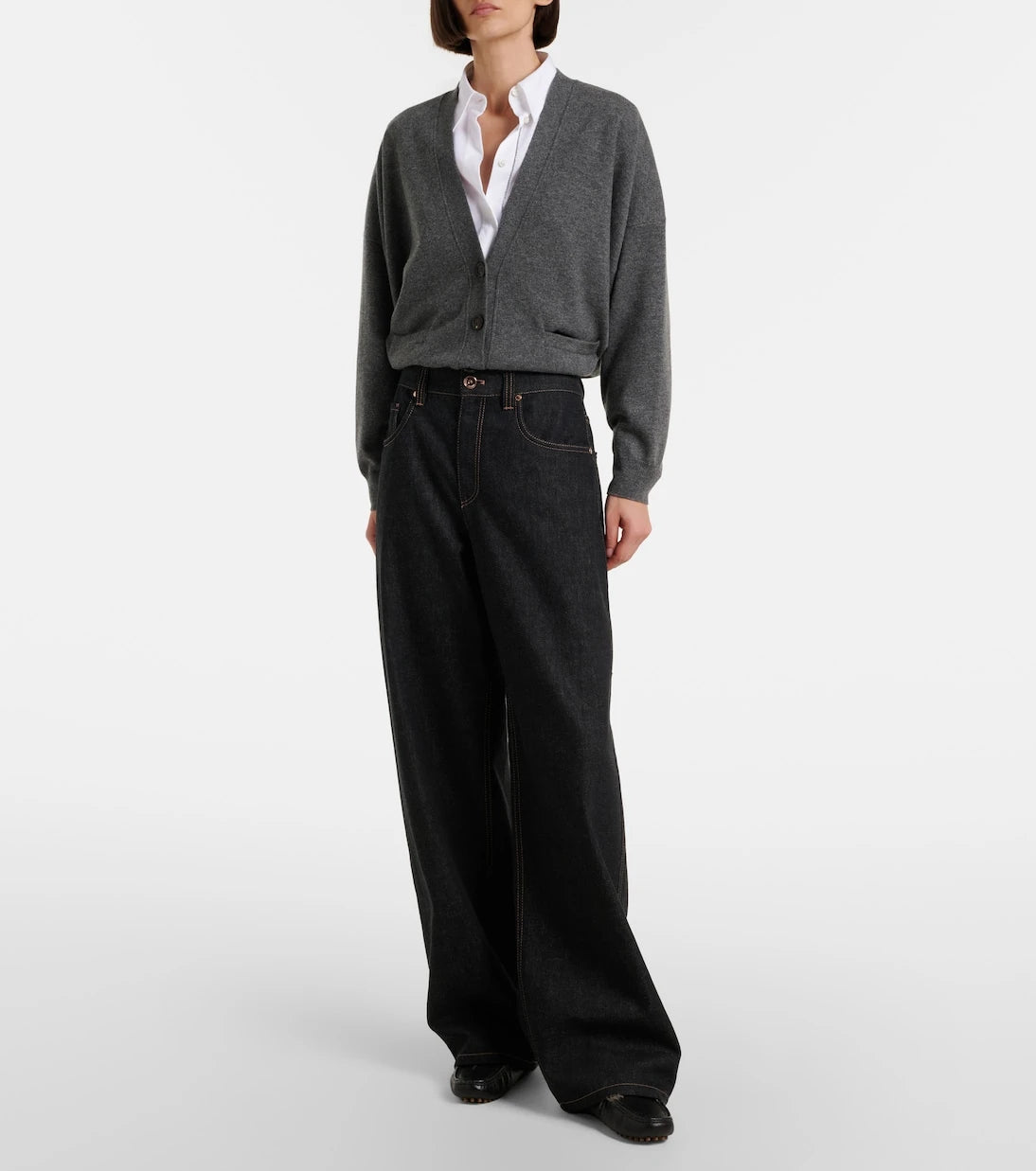 Brunello Cucinelli - Leather-trimmed wide-leg jeans