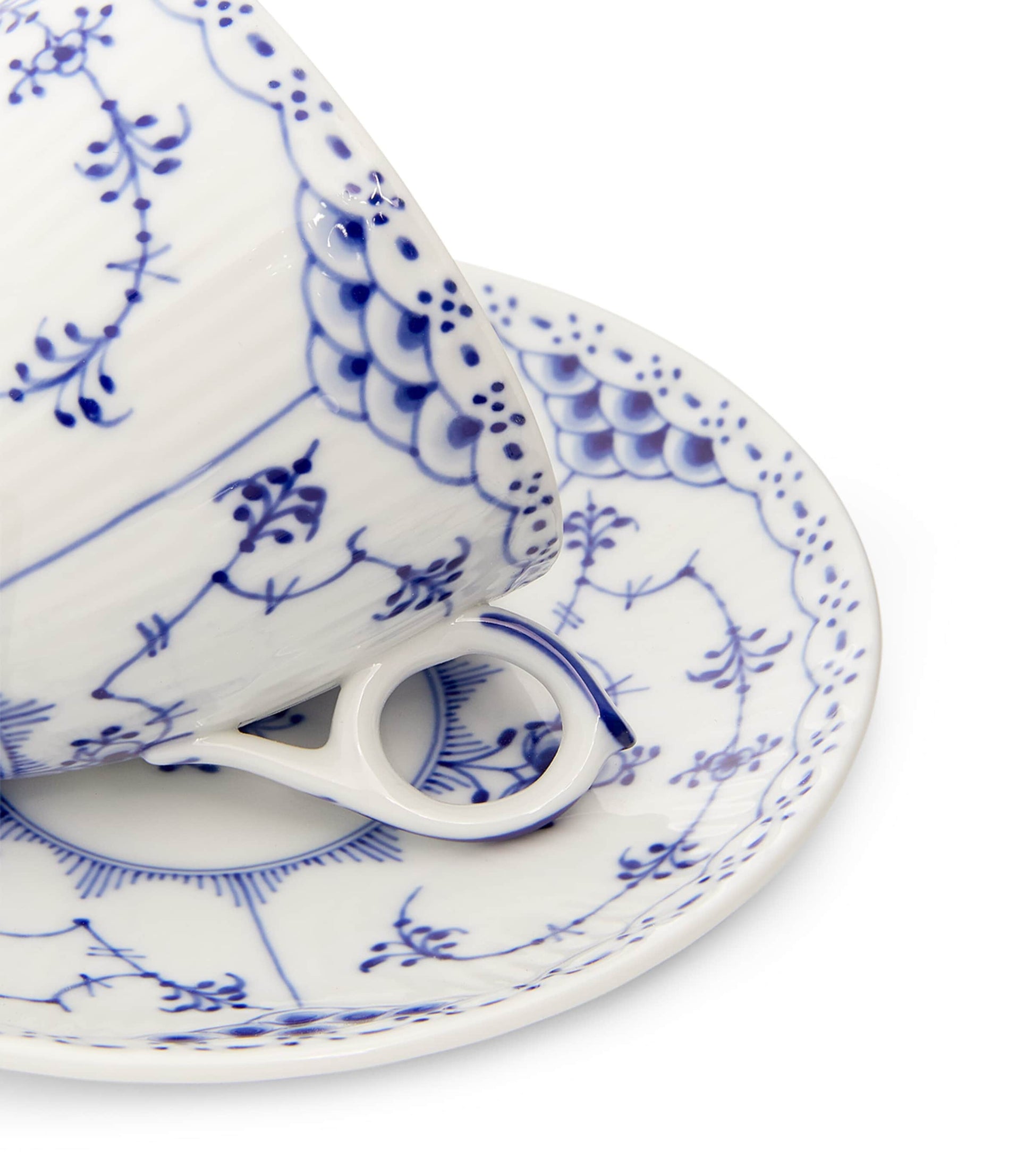 Royal Copenhagen Blue Fluted Half Lace Teacup and Saucer