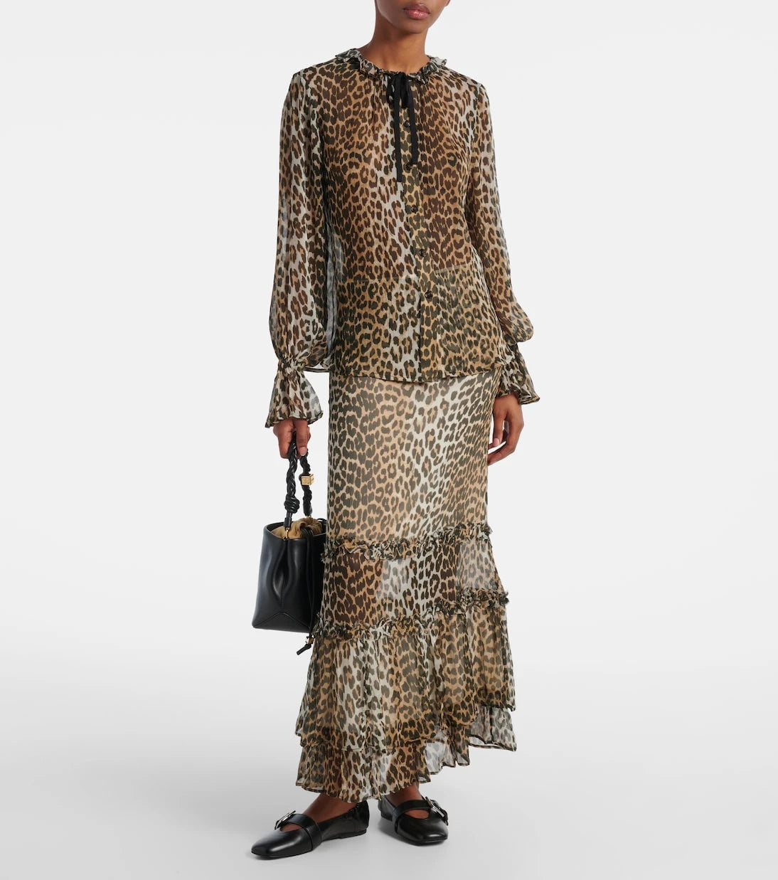 Ganni - Leopard-print tie-neck chiffon blouse