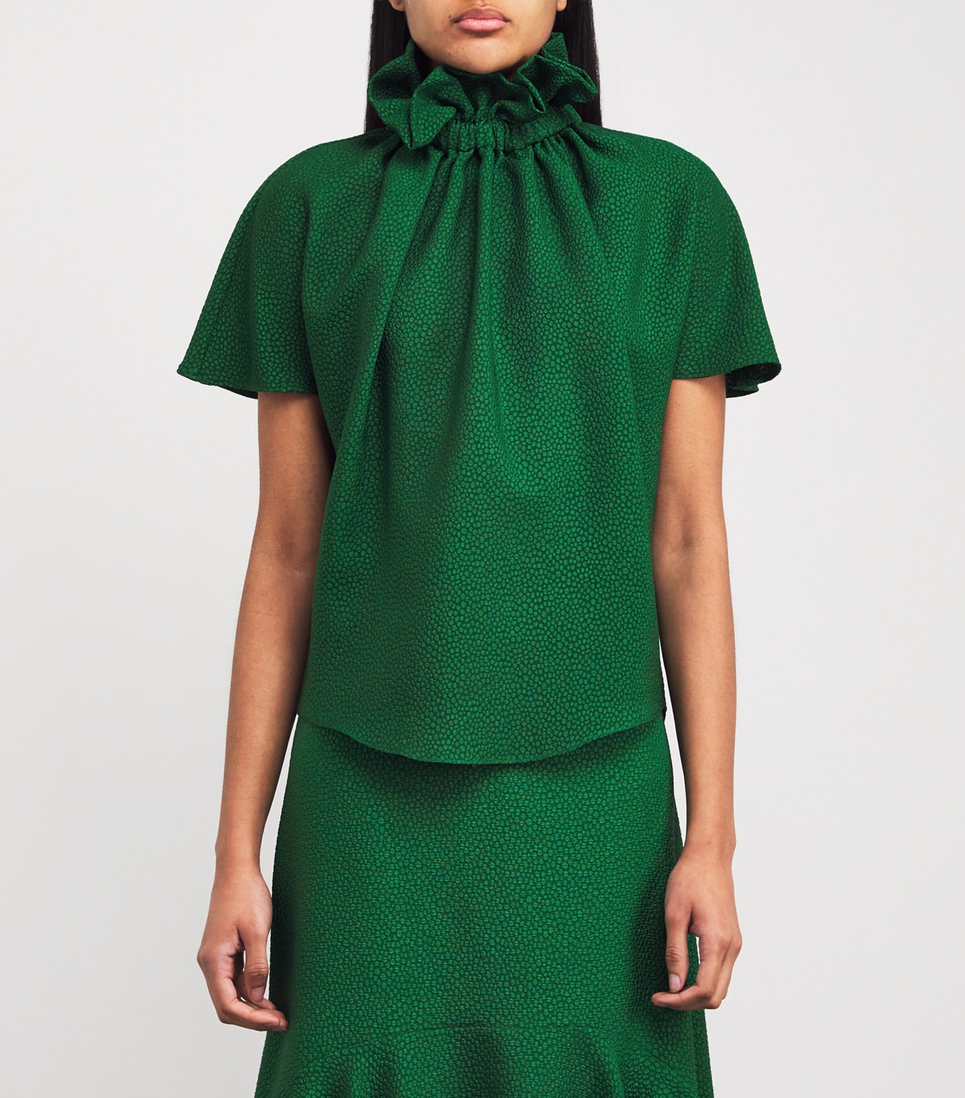 Green Bubble Jacquard Ruff Blouse