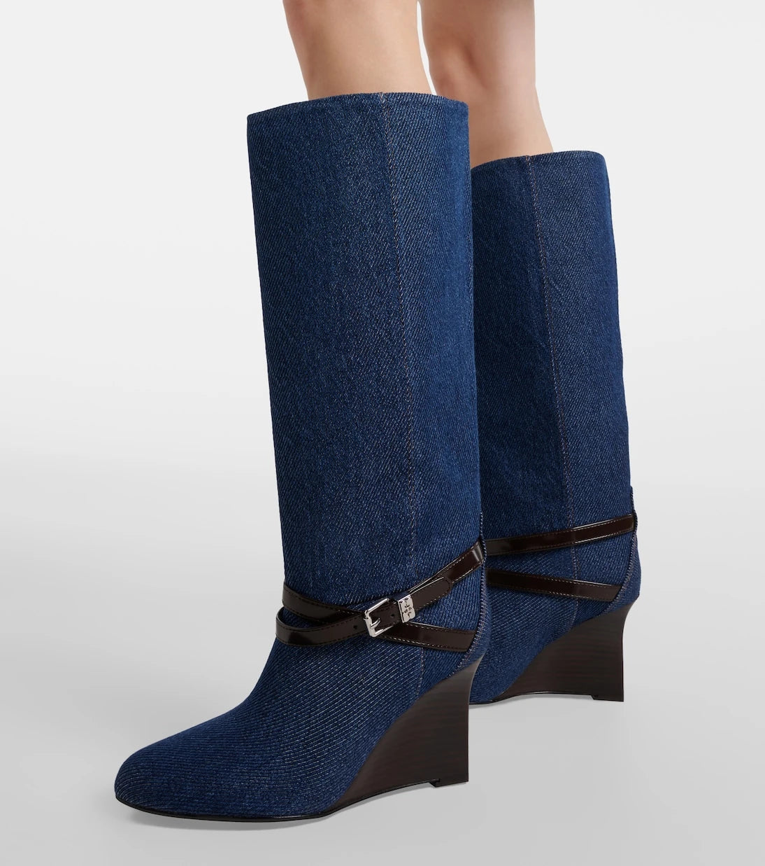 Ganni - Kat denim knee-high wedge boots