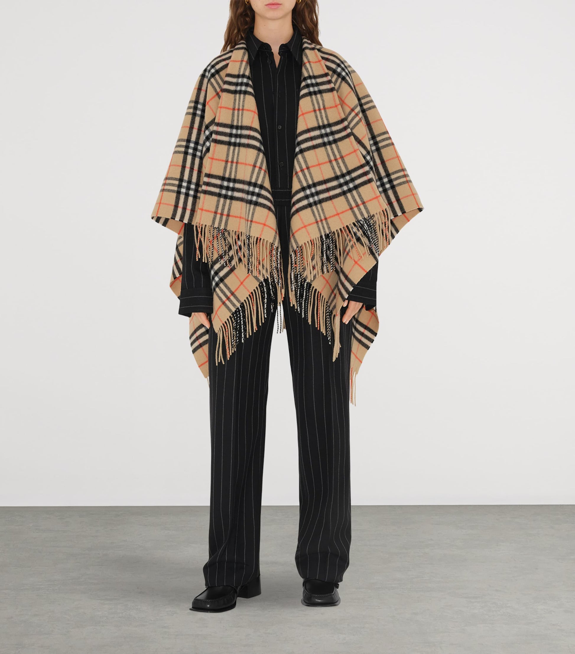 Beige Wool-Cashmere Check Cape