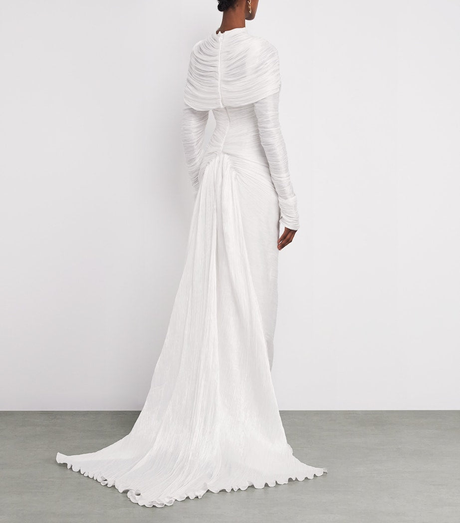 Marmar Halim Ivory Pleated High-Neck Gown