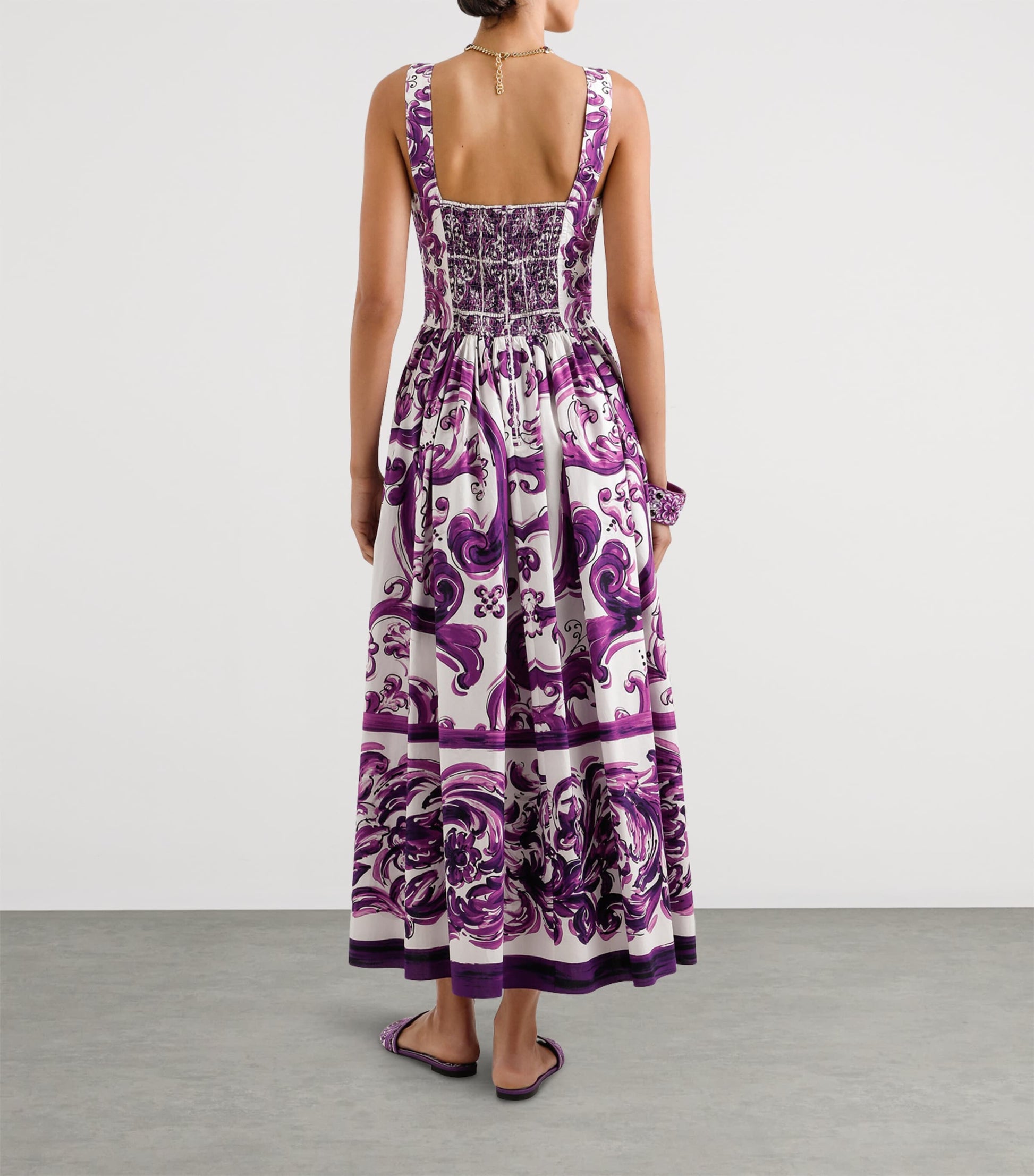 Dolce & Gabbana Multi Cotton Majolica Print Pleated Maxi Dress