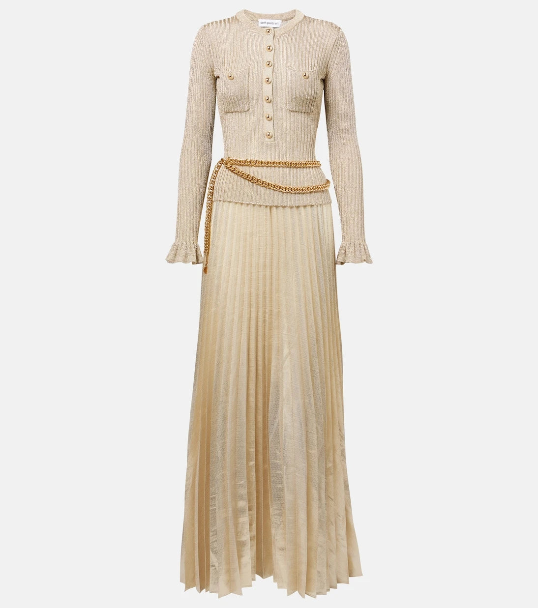 Self-Portrait - Ribbed-knit lamé plissé maxi dress