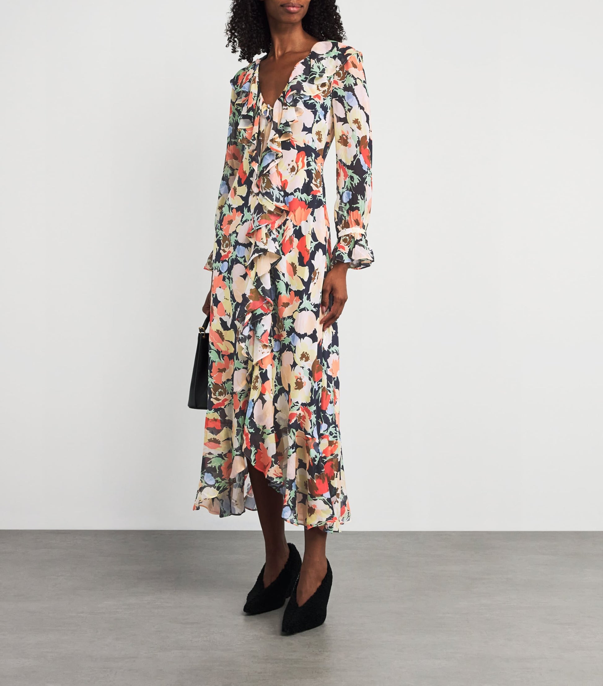 Rixo Navy Silk Floral Grayce Midi Dress
