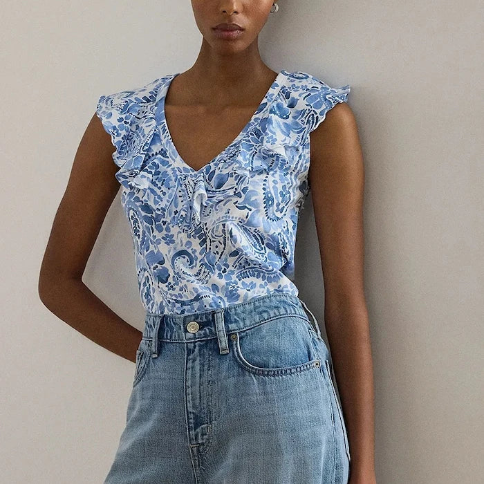 Lauren Ralph Lauren pamuklu volanlı kadın bluz