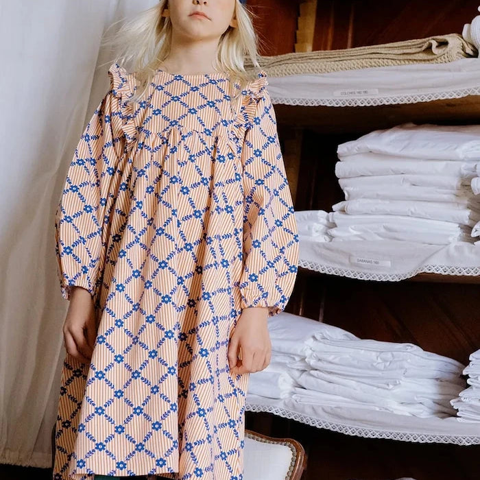 Детска рокля Tinycottons FLOWER GRID PRINT DRESS