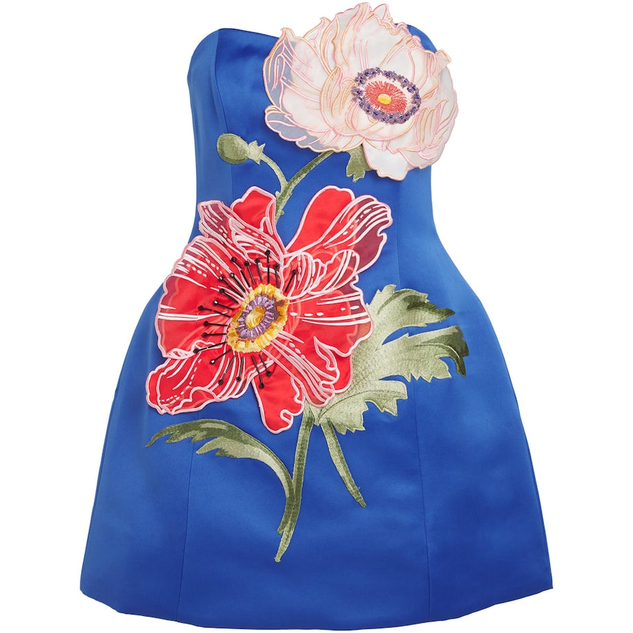 LEO LIN Blue Flower-Appliqué Rosario Mini Dress